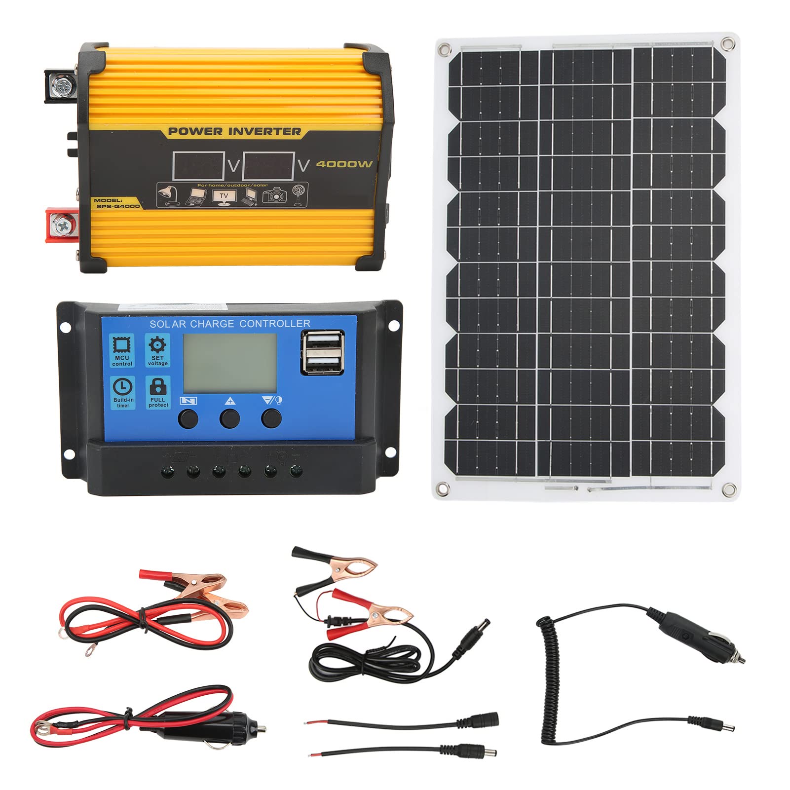 Kit de Inversor Solar, Kit de Inversor de Panel Solar Monocristalino de 18 W Controlador de Carga de 30 A Inversor Inversor de 300 W Protección Completa Pantalla LCD para Exteriores (12V a 220V)