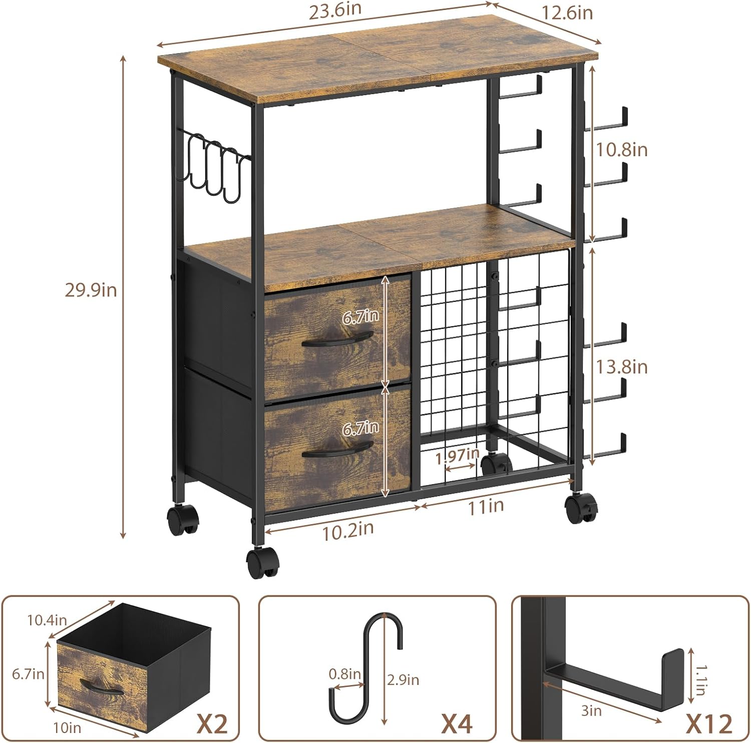 Craft Organization and Storage Stand Compatible with Cricut Machine Rolling Craft Cart with Vinyl Roll Holders, Crafting Table Workstation with Drawers, Rustic Brown