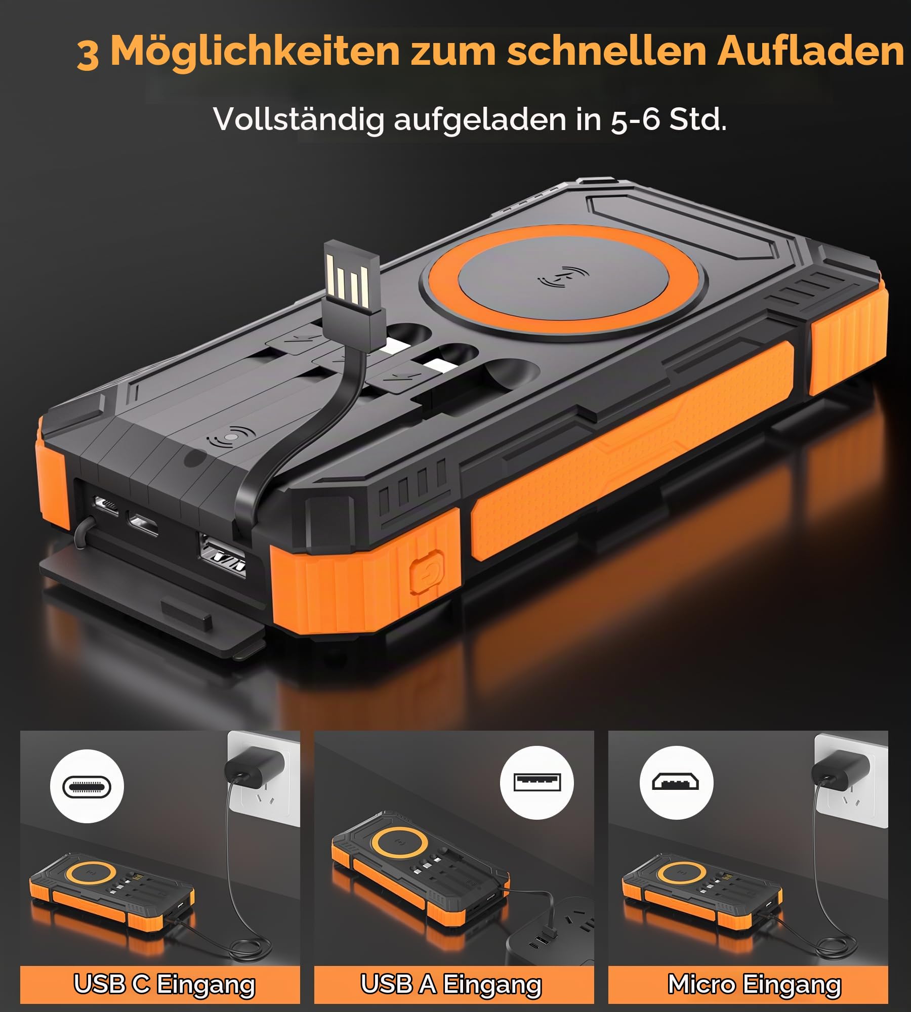 56800mAh Solar Powerbank, Wireless Power Bank groß mit 4 Kabeln, 30W PD Schnellladefunktion, 6 Ausgänge, Taschenlampen, Power Bank große Kapazität für Camping, Outdoor, Phone, Tablets (Orange)
