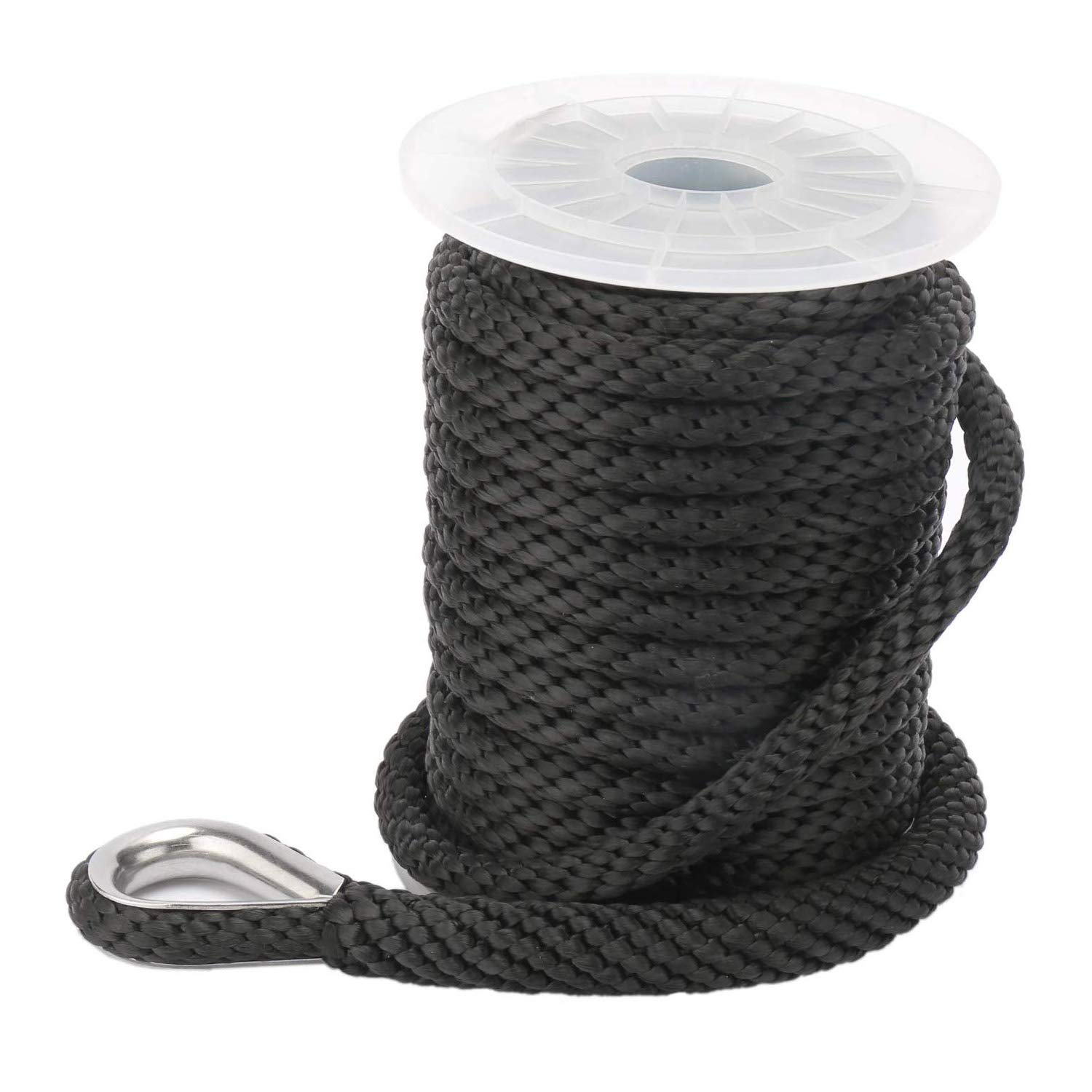 NovelBee Ligne d'ancrage multifonction tressée solide de qualité supérieure, meilleure corde en polypropylène avec dé à coudre en acier inoxydable 1/2" x 50', noir