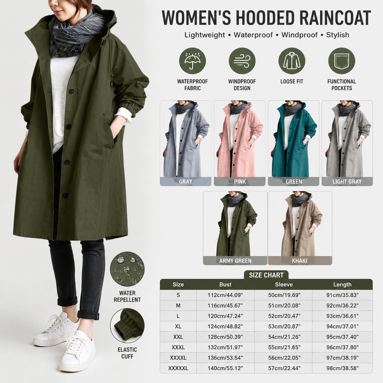 Regenmantel Damen - Übergangsmantel Mantel Sommermantel Wasserdicht Gefüttert Regenjacke Lang Trenchcoat Windbreaker Herbst Jacke Mit Kapuzen Windjacke Softshelljacke Outdoorjacke Übergangsjacke
