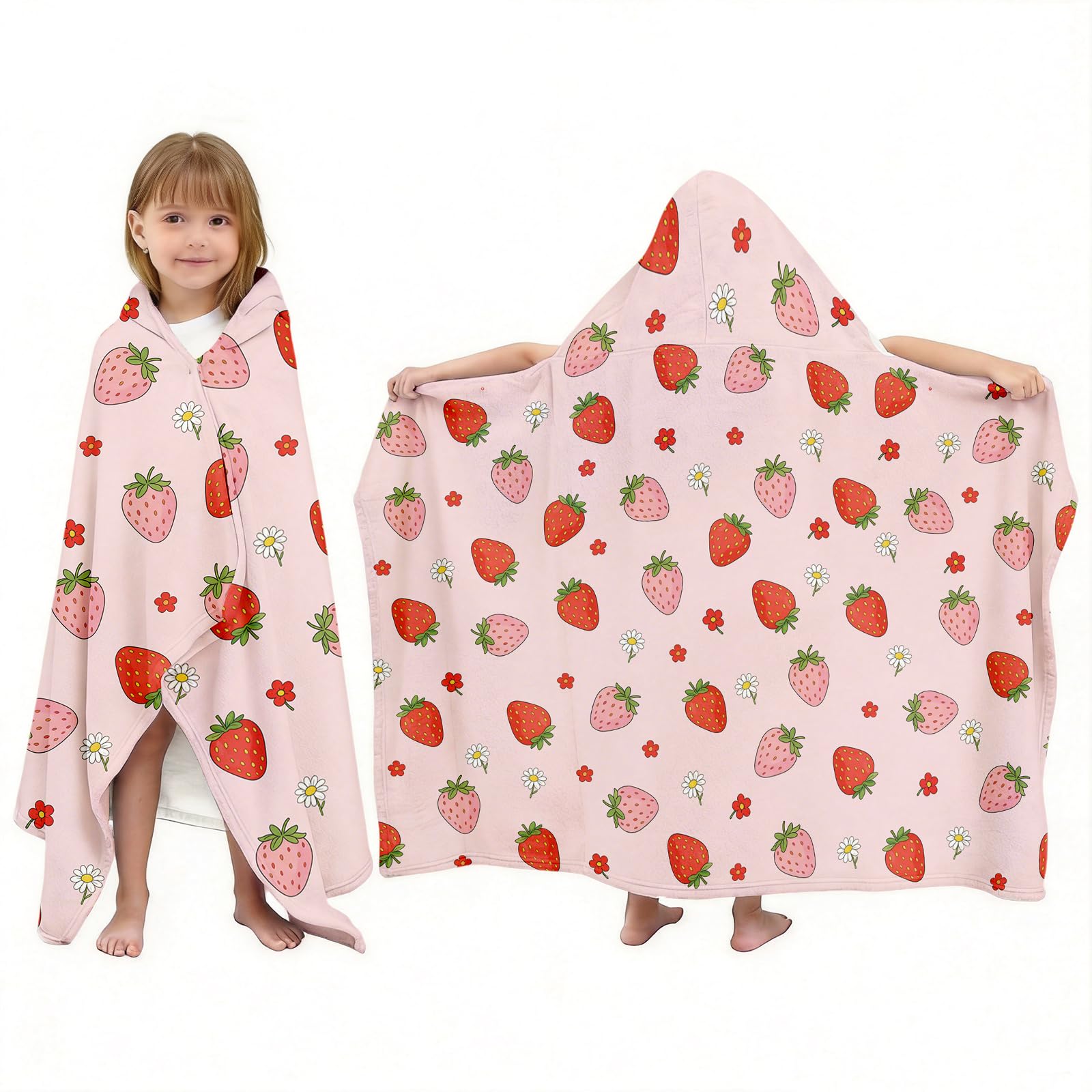 NEIUJADK Kids Strawberry Hooded Bath Towel for Girls 3-10, 30"x50" Soft Absorbent Cotton Wearable Poncho Beach Towel with Hood & Snap Buttons