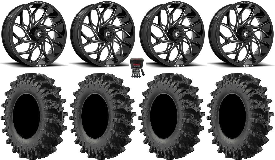 Bundle - 9 Items: Fuel Runner 24" Wheels Black 35" MotoSlayer Tires [4x156 Bolt Pattern 12mmx1.25 Lug kit]