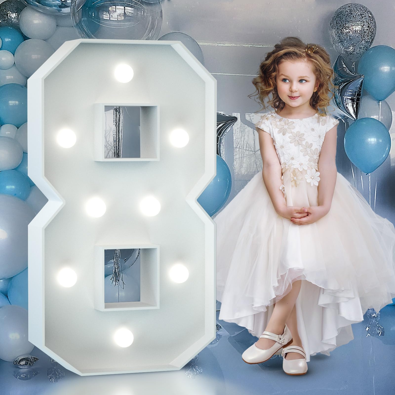 3FT Light Up Numbers Birthday Decoration Large Marquee Numbers 8 for 18th 80th Birthday Party Decor Wedding, Big Number Frame Foam Cardboard Mosaic Arch Stand Pre-cut Numbers