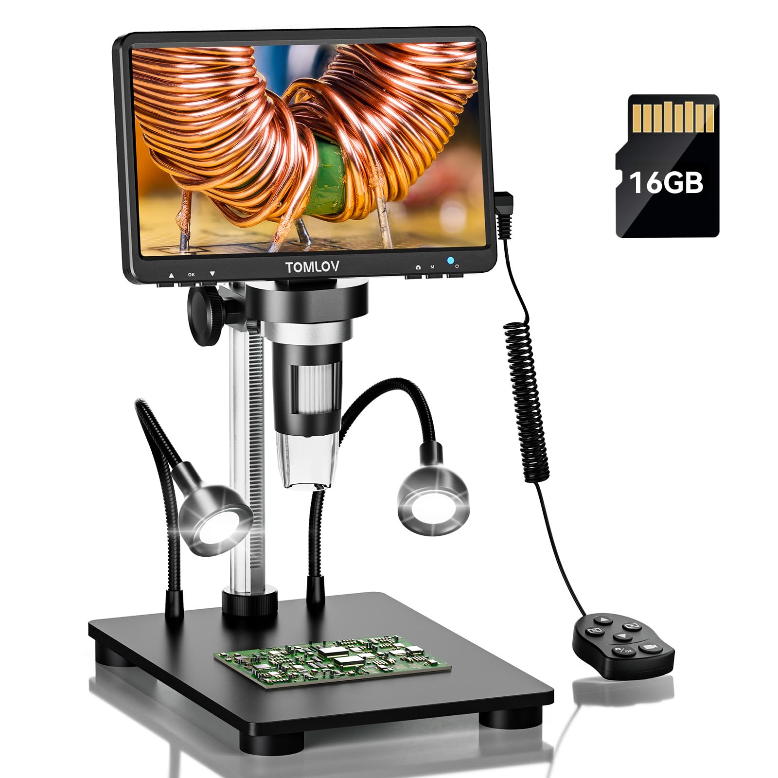 TOMLOV DM9 Microscopio digitale LCD da 7 pollici 1200X, 1080P, lente d'ingrandimento da 12 MP, microscopio a saldatura con messa a fuoco ultra precisa per adulti, vista PC, 32 GB, nero