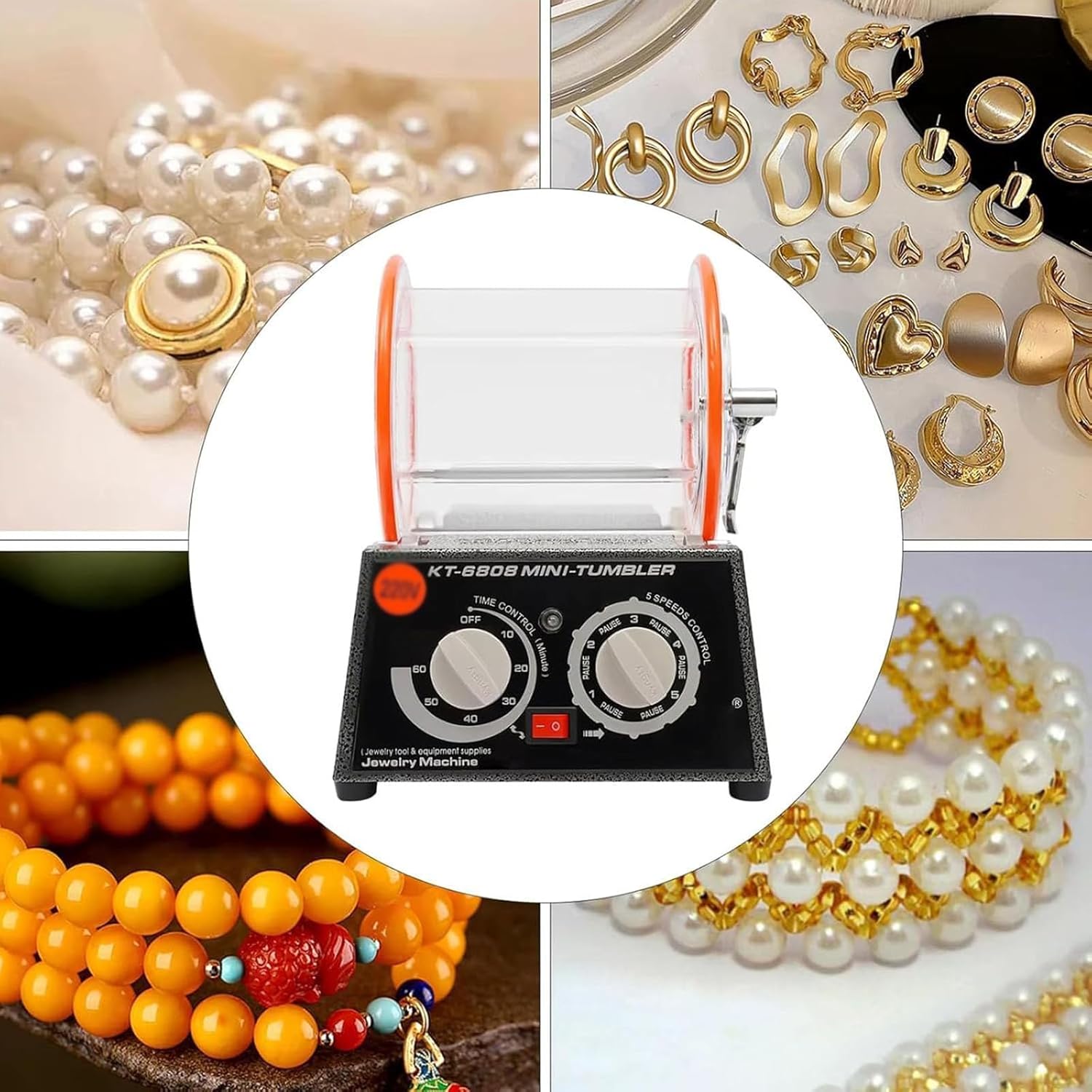 Jewelry Roller Polishing Machine, Jewelry Polishing Tool with Accessories, Five-speed Adjustment, Timing, Forward and Reverse Control, Good Sealing, Suitable for Gold and Silver Jewelry