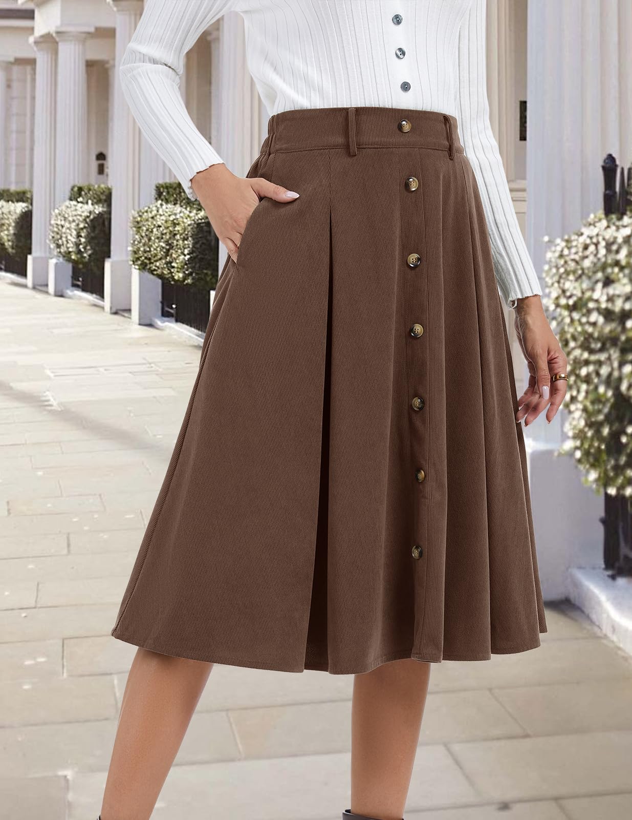 Bbonlinedress Falda midi de pana para mujer, cintura alta, longitud al té, falda para otoño e invierno