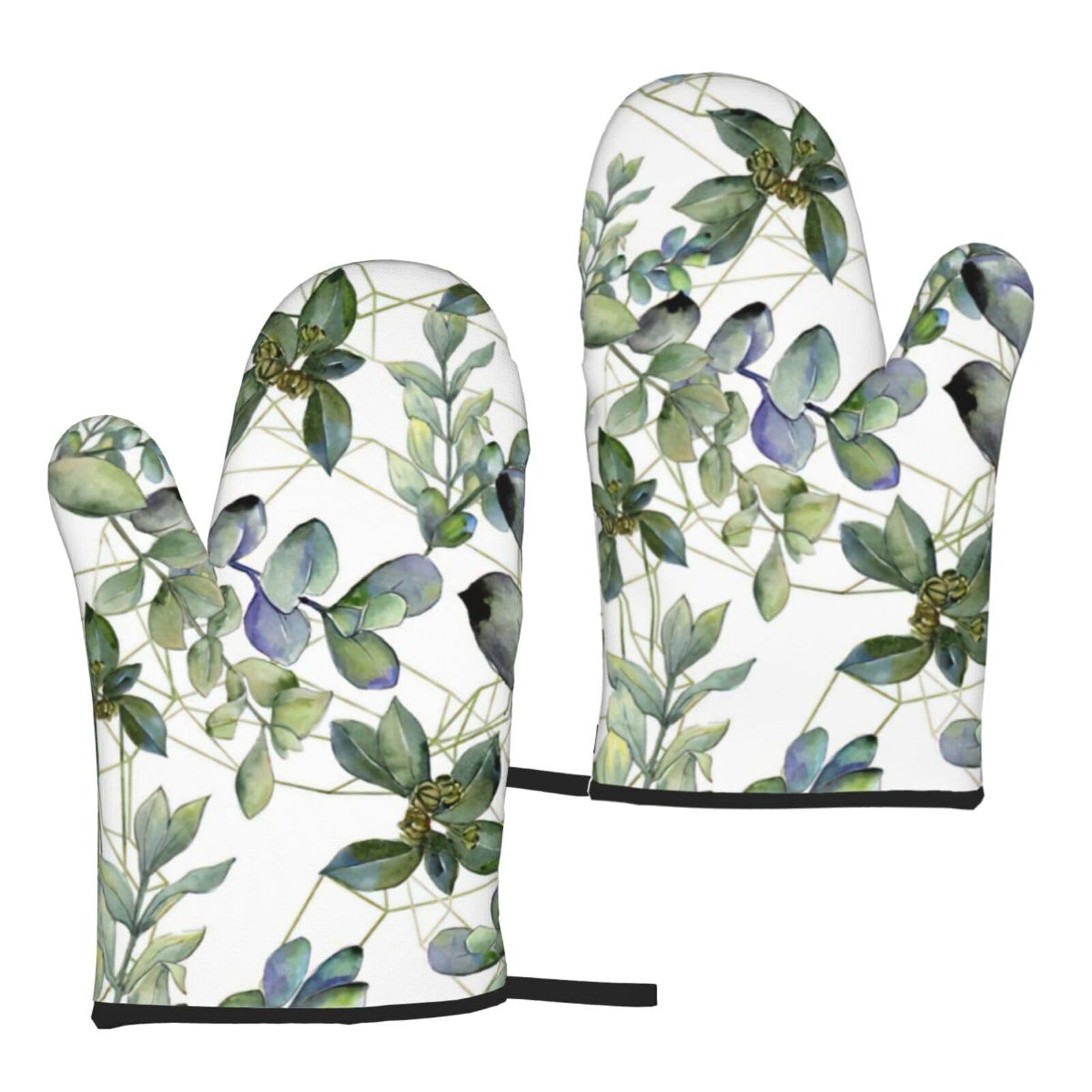 Nimongt Women's Black Green Eucalyptus Leaves Print Adults Universal Fit Heat Resistant Oven Gloves Reusable Cooking Outdoor Grilling