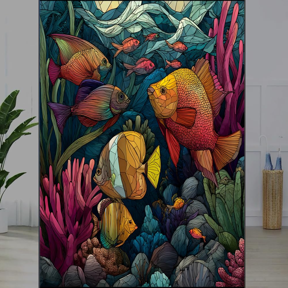 FOCCAFB Nautical Coral Fish Stained Glass Window Film, Colorful Underwater Scenery Peel and Stick Privacy Film, Frosted Adhesive Vinyl Decorative for Bathroom Windows Glass Doors, （80x120cm）