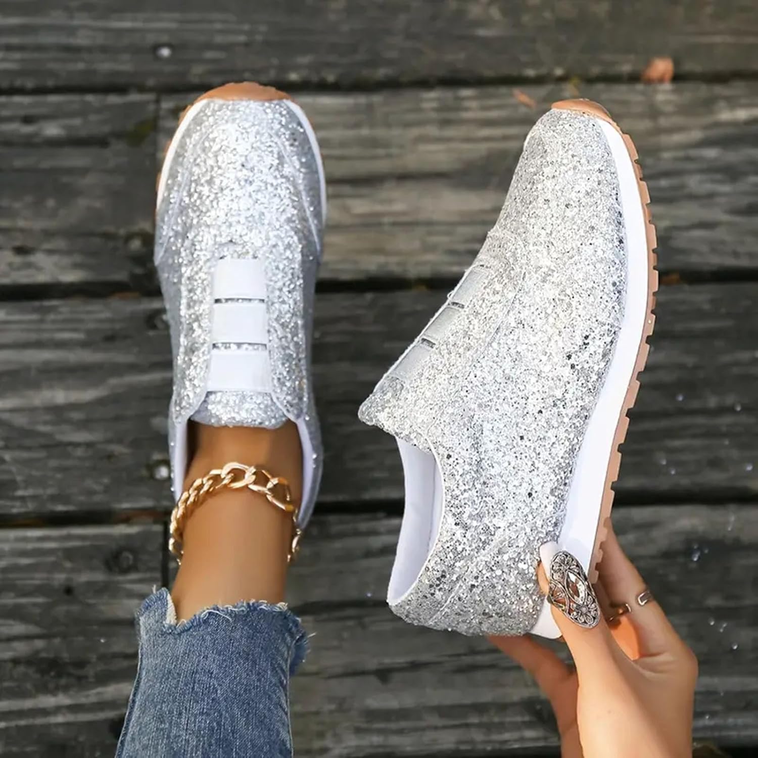 Glitter Sparkly Fashion Sneakers for Women Platform Casual Shoes Womens Bling Sequin Comfy Slip On Orthopedic Sneakers Women's Lightweight Low Top Dance Tennis Walking Running Shoes