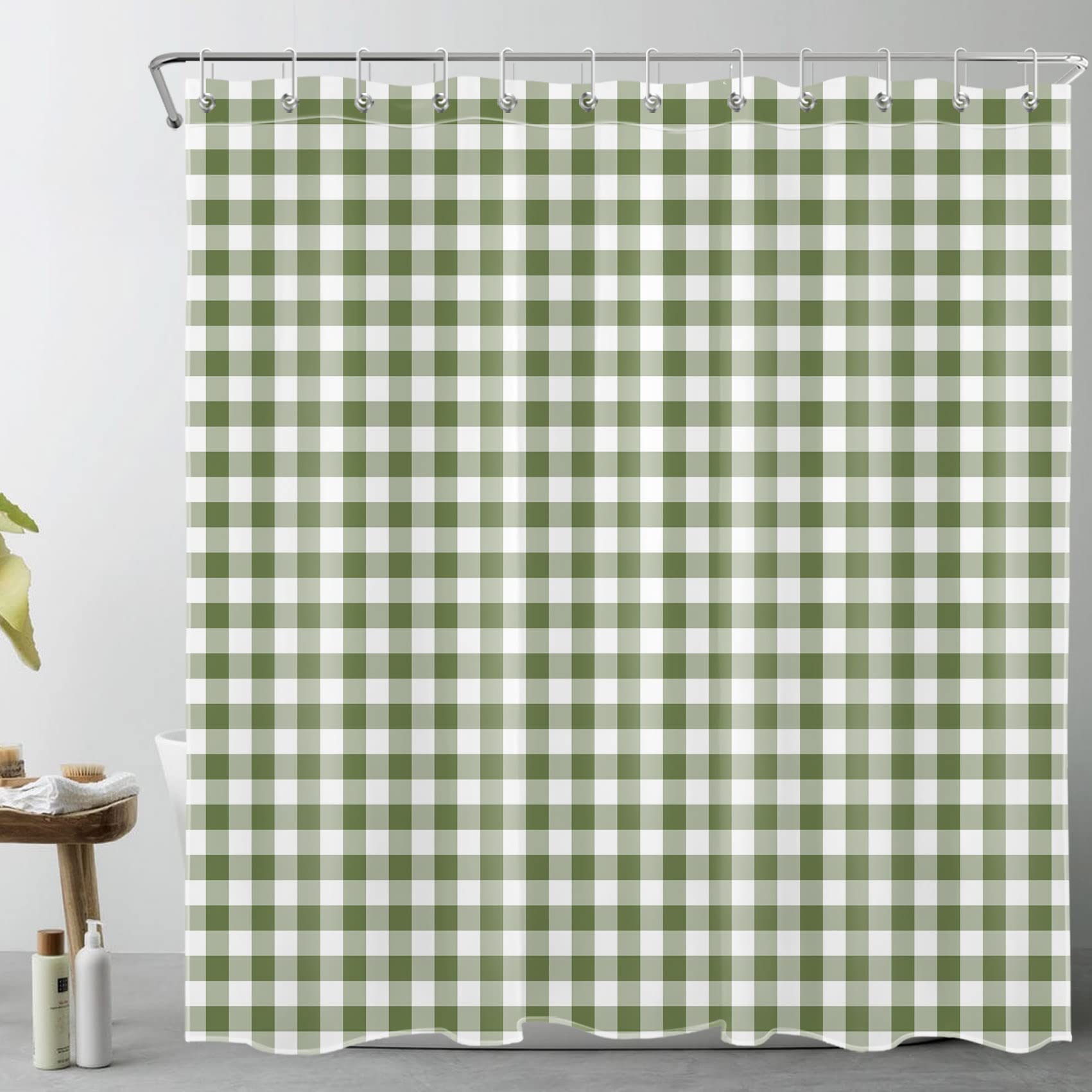 LB Sage Green Plaid Shower Curtain White Checked Shower Curtains for Bathroom Simple Minimalist Striped Polyester Anti Mould Waterproof Extra Long Bath Curtain Set with Hooks,71x78 inches — image 1