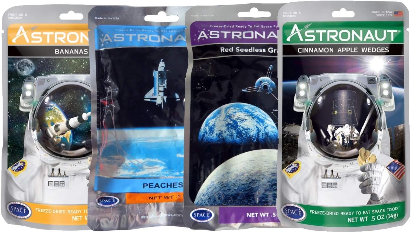 Astronaut Space Food 4 Packet Variety Bundle Freeze Dried Ready to Eat Fruit - Bananas, Peaches, Grapes and Cinnamon Apple Wedges