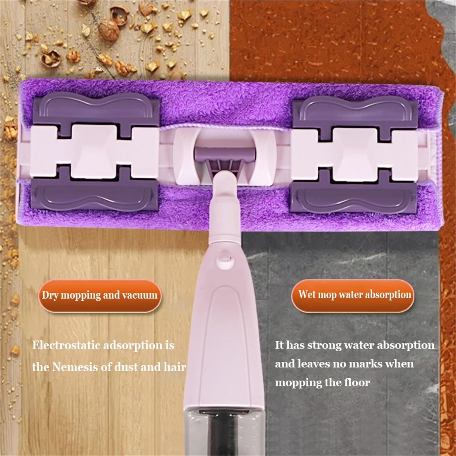 Mopa con Clip de Tela en Aerosol, diseño silencioso Manual for Pisos Madera y baldosas cerámica, Cabezal Elegante para Limpieza de Paredes Azulejos(Mop 1pcs Cloth)