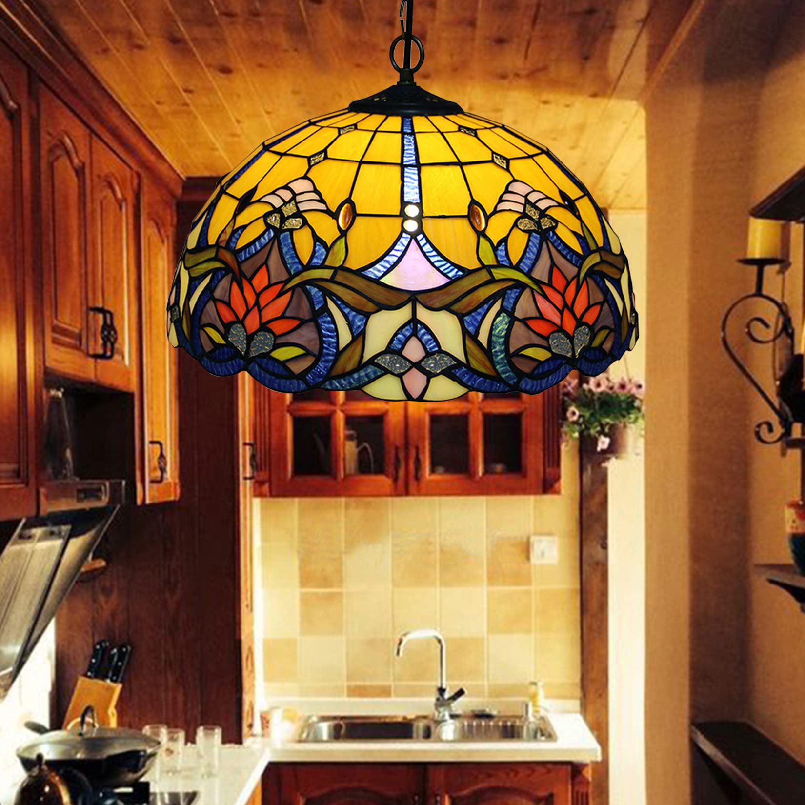 HJRegaFimu Pendant Light For Kitchen Island Floral Flowers Stained Glass Lampshade Farmhouse Hanging With Chain Mini Swag Chandelier Dining Room Hallway Closet (16in)