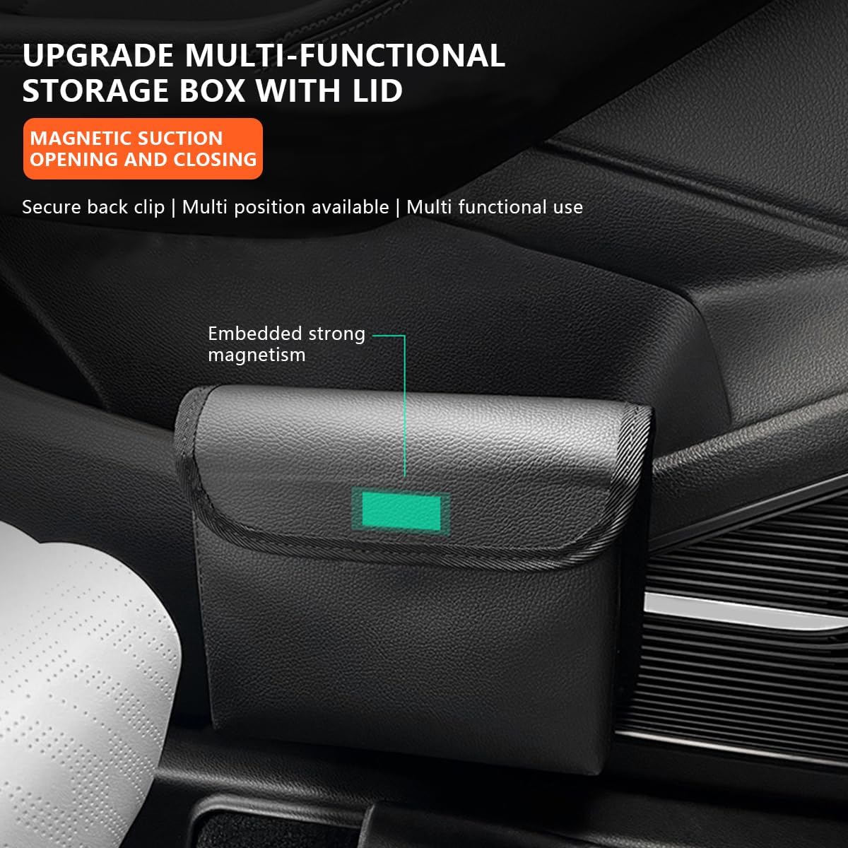 Car Trash Can, Magnetic Leather Vehicle Hanging Dustbin Container with Lid, Foldable Waterproof Leakproof Automotive Suspended Garbage Storage Box, Universal for SUV, Truck, RV