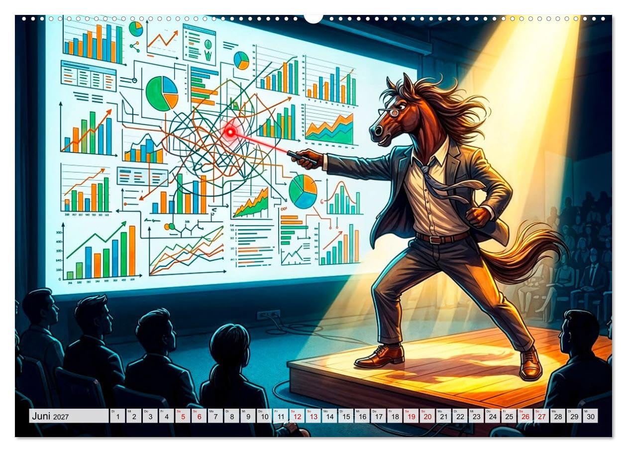 CALVENDO - Bürohengste - Lustiger Büro‑Kalender (Wandkalender 2027 DIN A2 quer), Monatskalender: Ein witziger Blick auf den täglichen Büro‑Wahnsinn, voller überzeichneter Pferde‑Charaktere, die den Ar