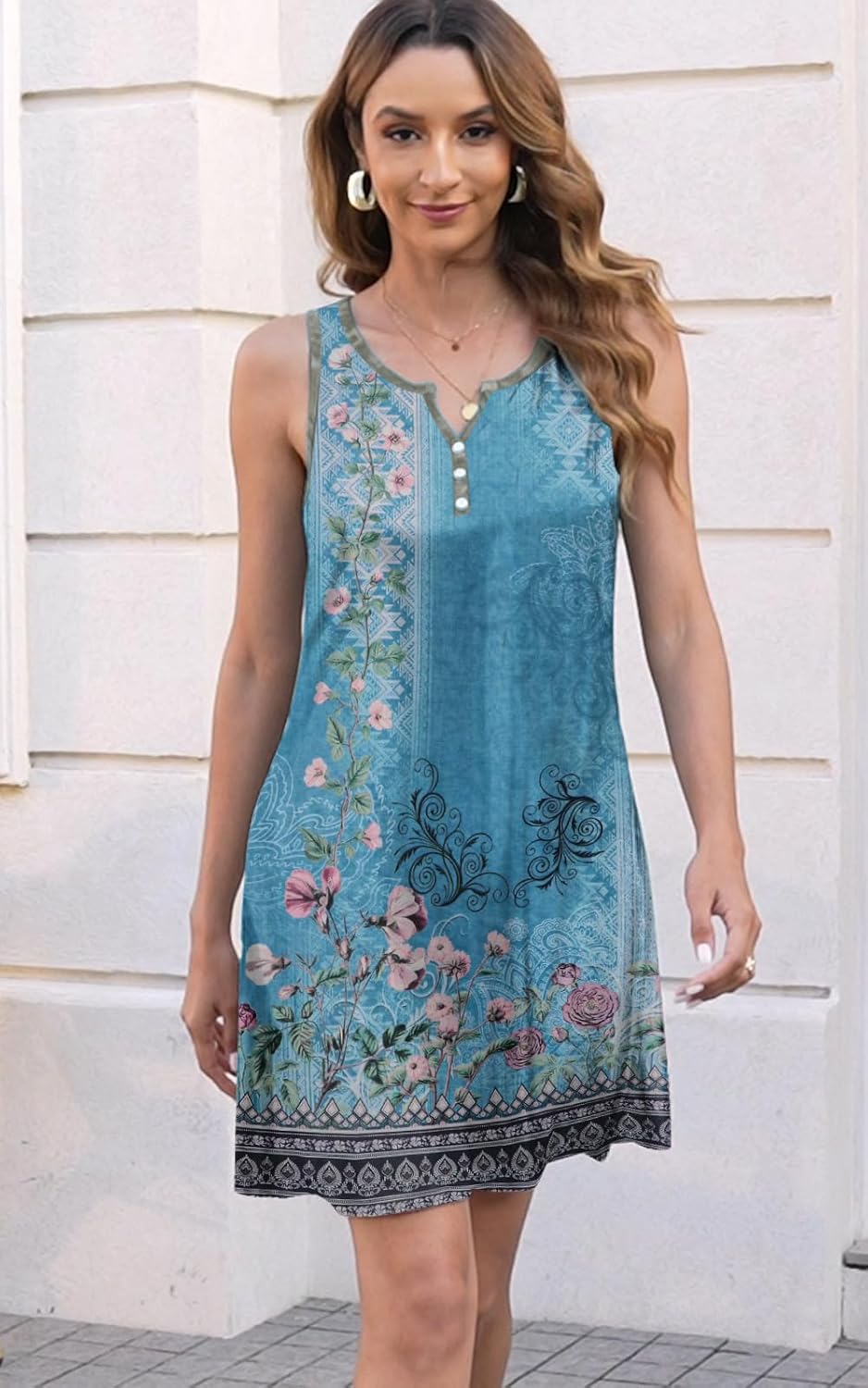 Disamer Womens Summer Dress 2026 Casual Button Down V Neck Sleeveless Boho Floral Beach Sundresses Vacation A-Line Dresses - Image 3