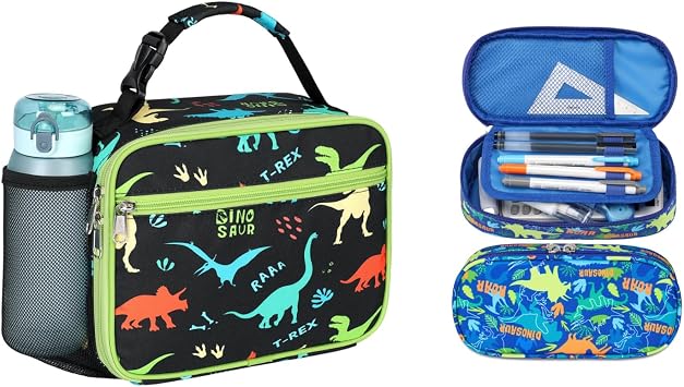Bagseri Kids Lunch Bag and Kids Pencil Case Bundle, Insulated Lunch Bag With Water Bottle Holder Large Capacity Cute Pencil Case for Boys