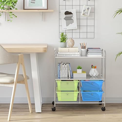 Miniatura 46 de RELAX4LIFE Carrito de almacenamiento rodante con 4 cajones, carrito utilitario con ruedas con 2 estantes y marco de metal, organizador de archivos