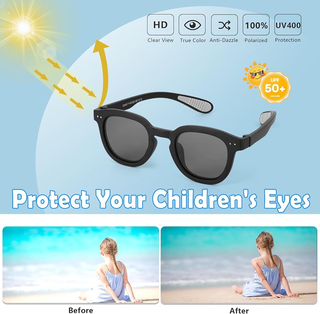 Hifot Lunettes De Soleil Polarisé Enfant UV400 - Avec Bande Élastique Réglable - Gomme Flexible - Pour Fille Et Garçon 3 à 12 Ans