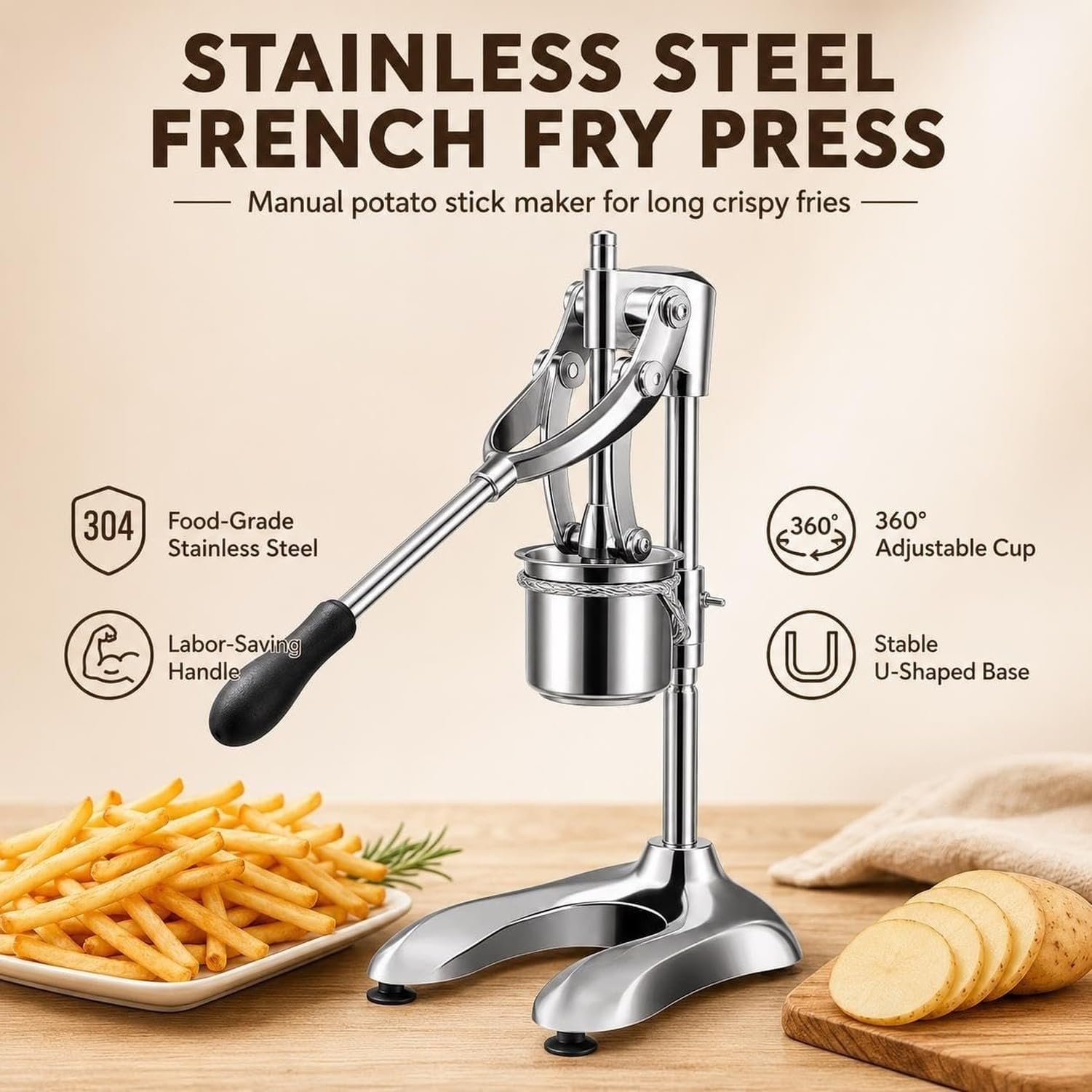 Pressa Manuale per Patatine Fritte a Leva, Taglia Patate da Cucina Professionale, Silver