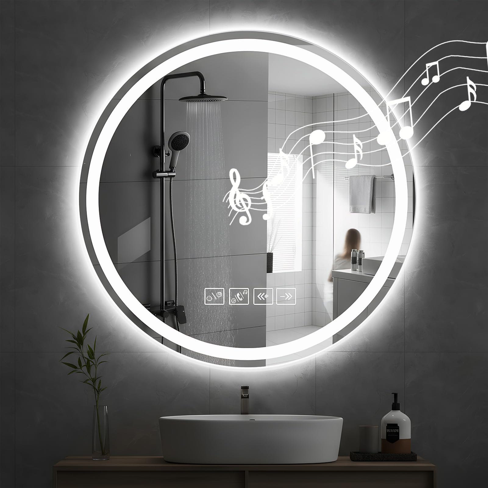 Worshow Bathroom Mirror with LED Lights and Bluetooth, 600 mm Wall-Mounted Vanity Mirrors, LED Illuminated Backlit Mirror with Anti-Fog, 3 Colour Dimmable, Time, Memory Function, IP44 Makeup-Mirror — image 1