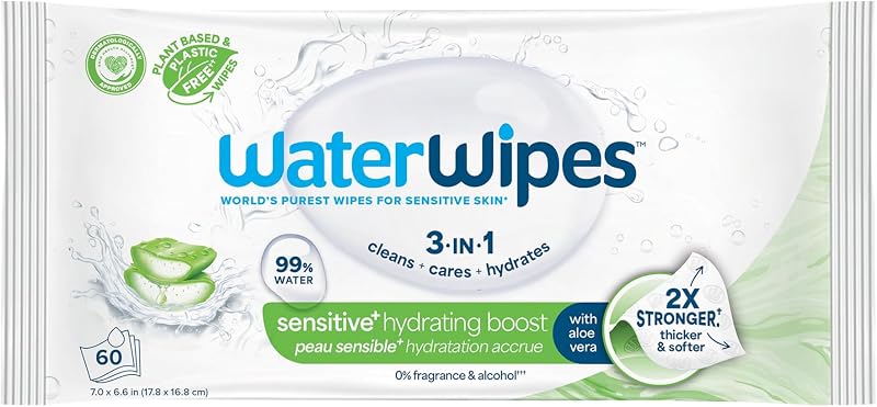 Sensitive+ Hydrating Boost Wipes, 3-In-1 Cleans, Cares, Hydrates, 99% Water with Aloe Vera, Unscented & Hypoallergenic Baby Wipes, 60 Count (1 Pack)