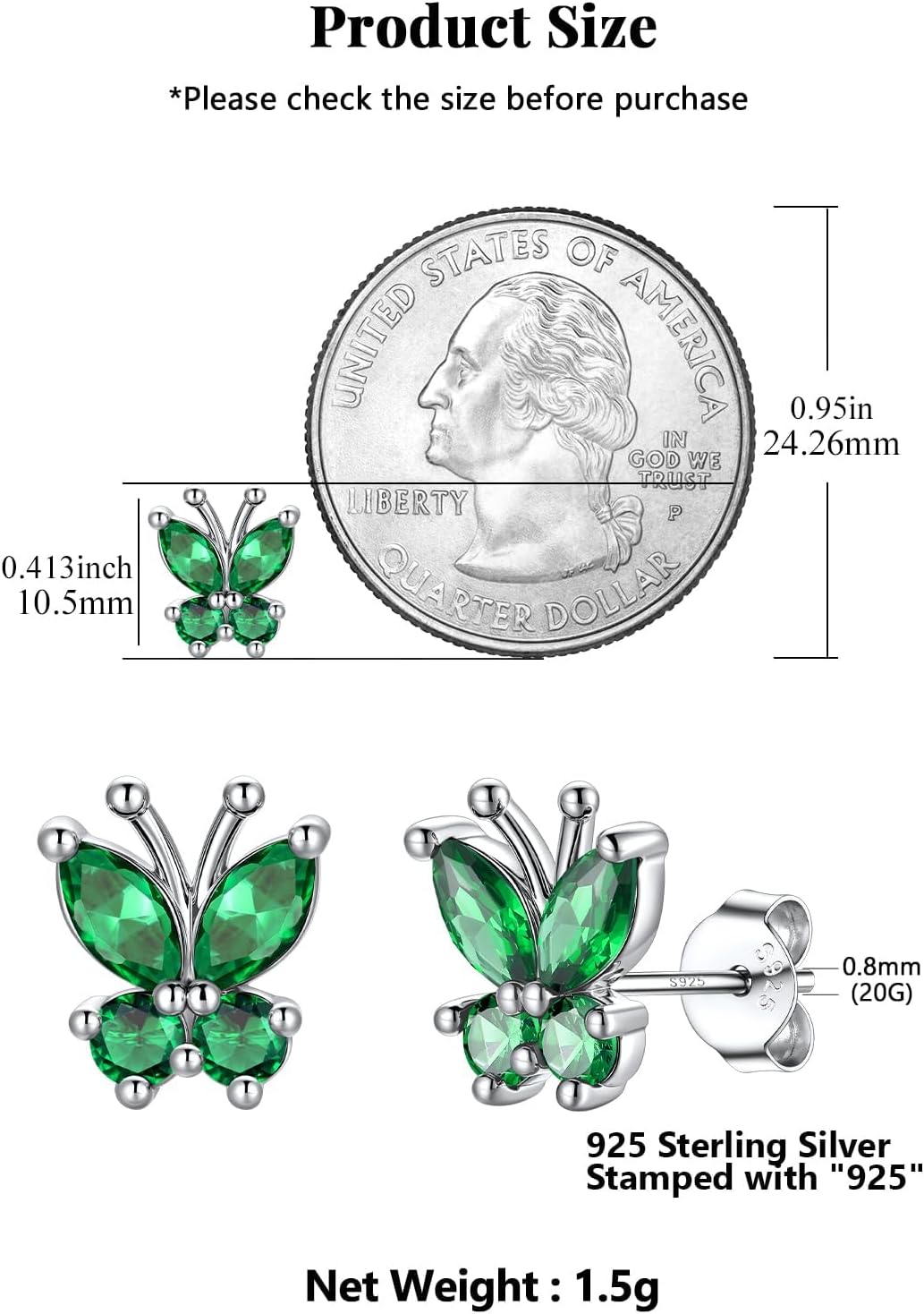 Silvora Birthstone Earrings for Women, 925 Sterling Silver Butterfly Stud, Small Butterfly Earrings Birthstone Jewelry