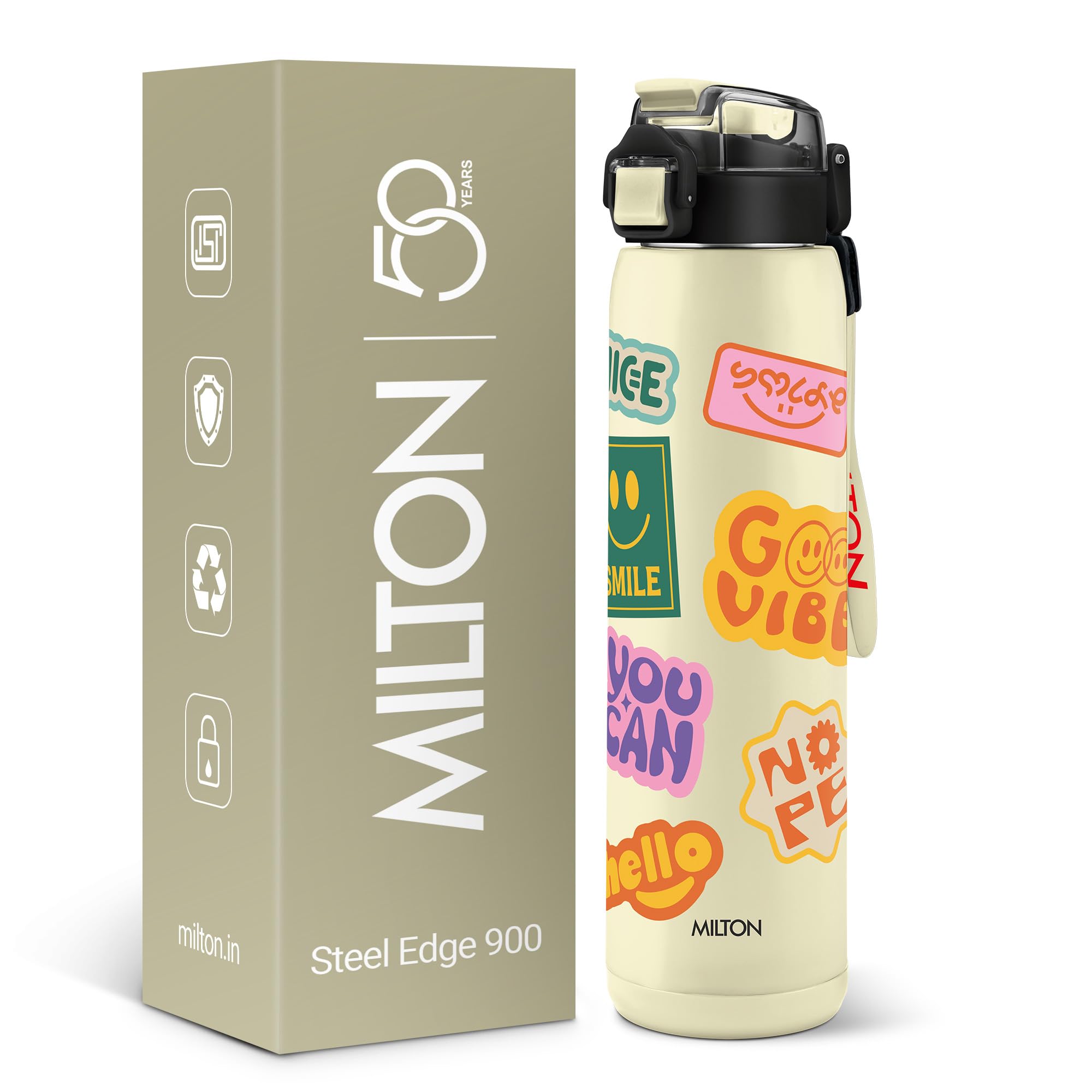 Milton Steel Edge 900 Thermoware Water Bottle 600 ml with One Touch Safety Lock & Twin Lid Sip or Gulp,Long Hours Hot & Cold,Leak Proof,ISI Certified,Vacuum Insulated,for Office,Gym,School, Ivory