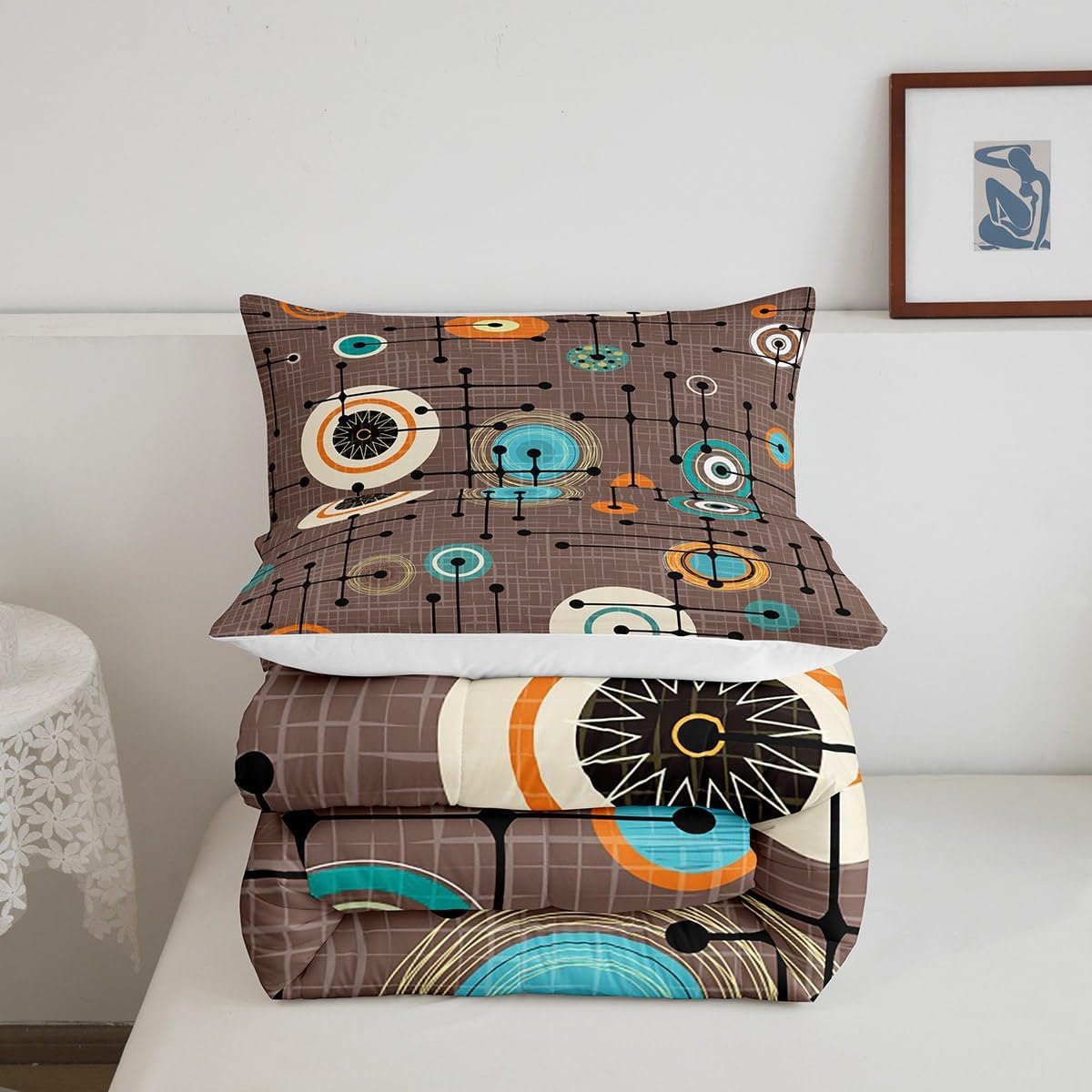 Erosebridal Geometric Grid Comforter Set Queen Brown Minimalism Bedding Set, Mid Century Bedding Comforter Sets Retro Atomic Duvet, Rainbow Circles Black Lines Quilted Comforter Abstract Room Decor