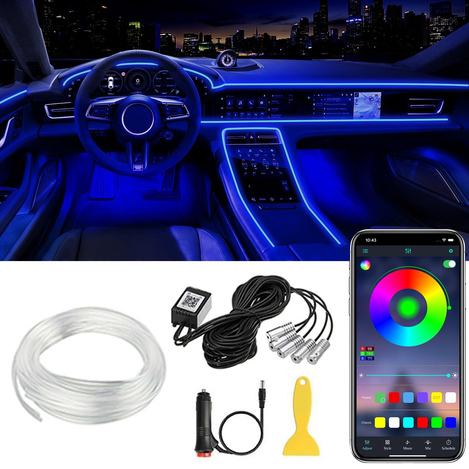Luci LED Interno Auto Con App - Strisce RGB Con Controllo Musicale, 16 Milioni Colori, 110cm - Foto 2