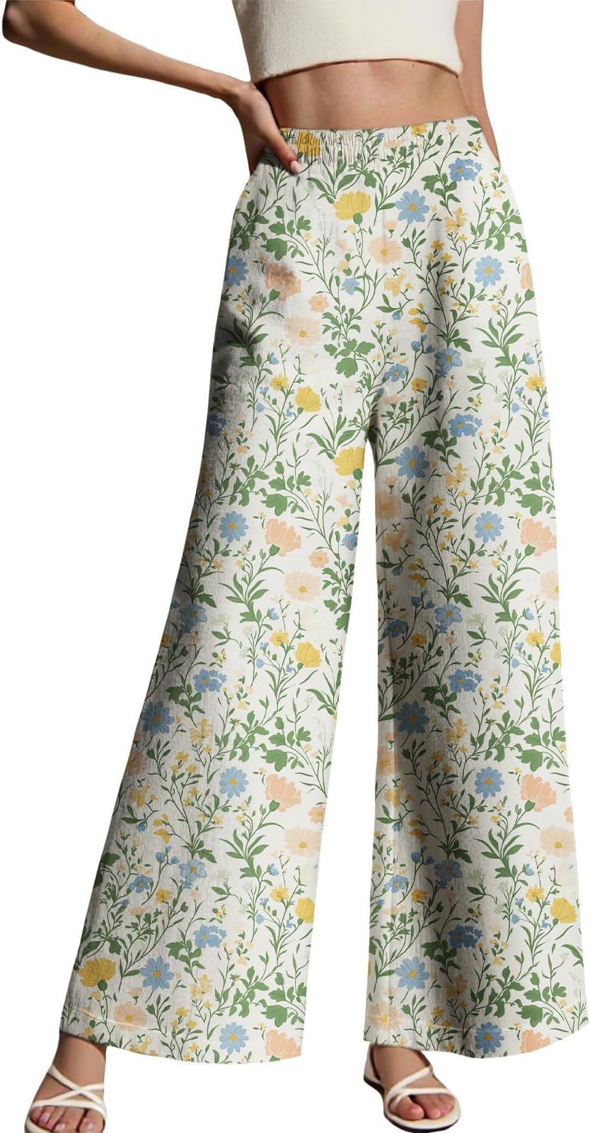 LOAIHA Women's High Waist Wide Leg Pants Floral Print Lightweight Polyester Fall Palazzo Trousers Loose Fit Beach Vacation