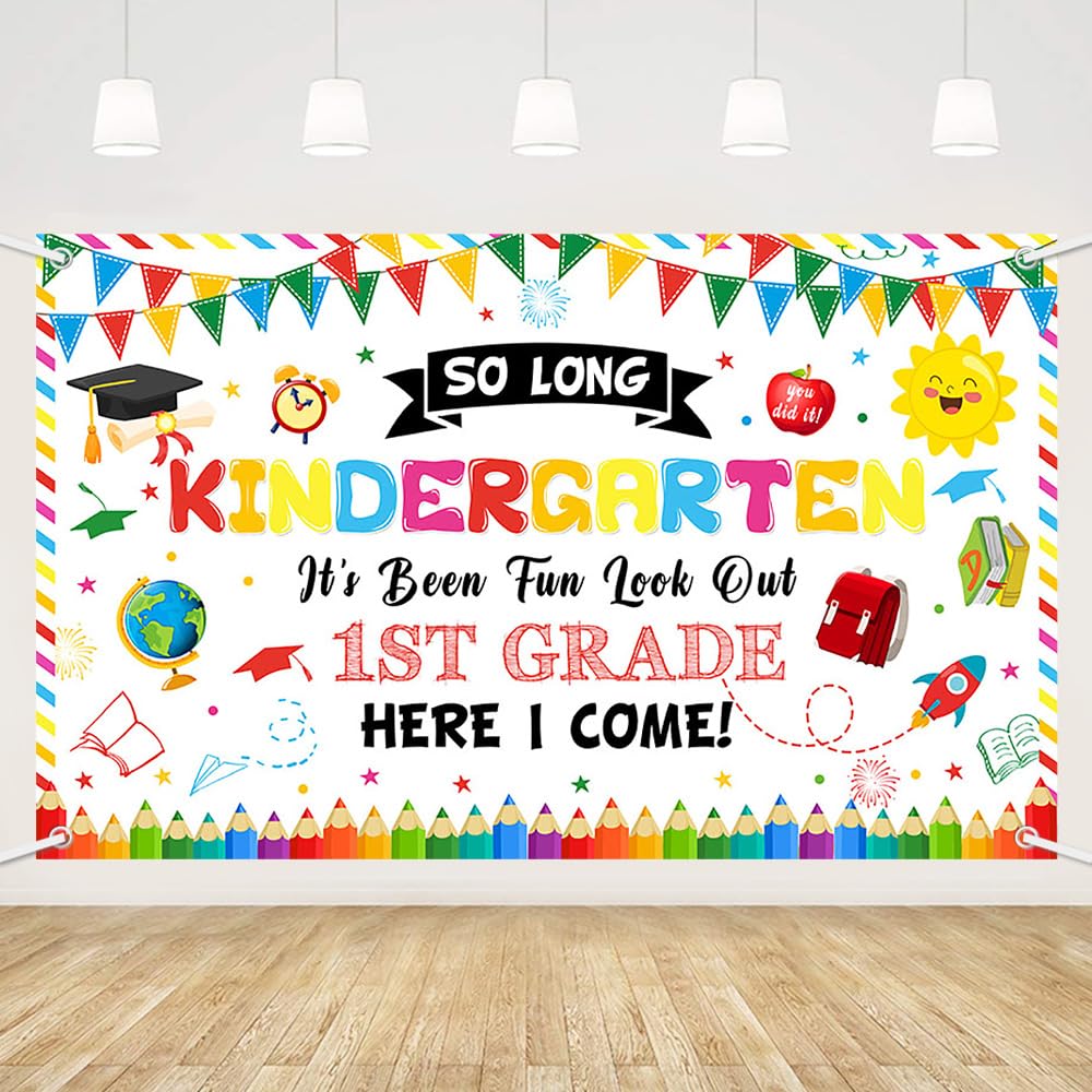 Photo 1 of MEHOFOND Preschool Kindergarten Graduate Backdrop Congrats Grad Party Decoration 2026 1st Grade Here I Come Kindergarten Graduation Party Decorations, Kindergarten Graduation Background Photo Props