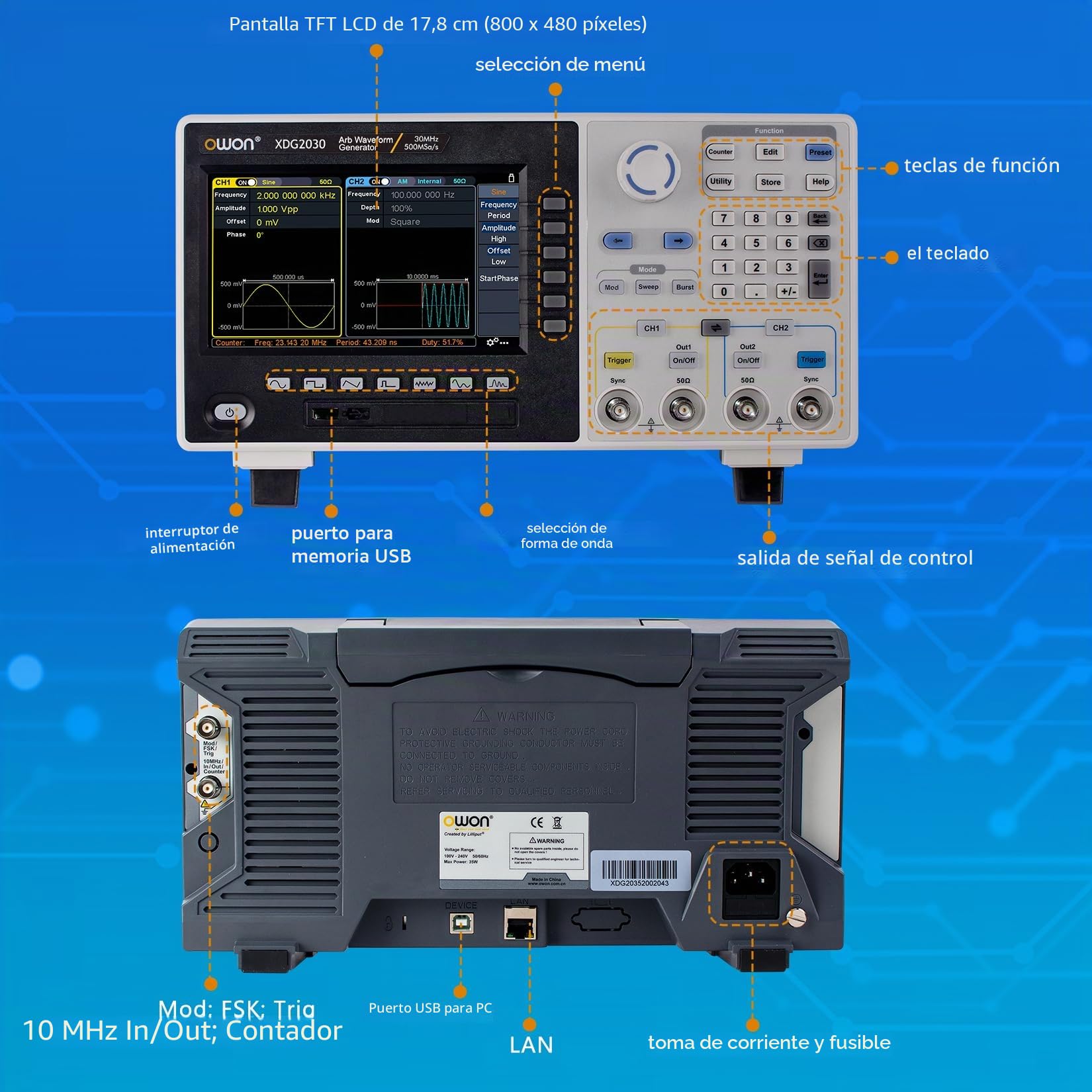 OWON Generador de Funciones de 2 Canales 30 MHz XDG2030, Generador de Forma de Onda Arbitraria, Resolución Vertical de 14 Bits, Velocidad de Muestreo de 500 MSa/s, Generador de Señal con Pantalla LCD