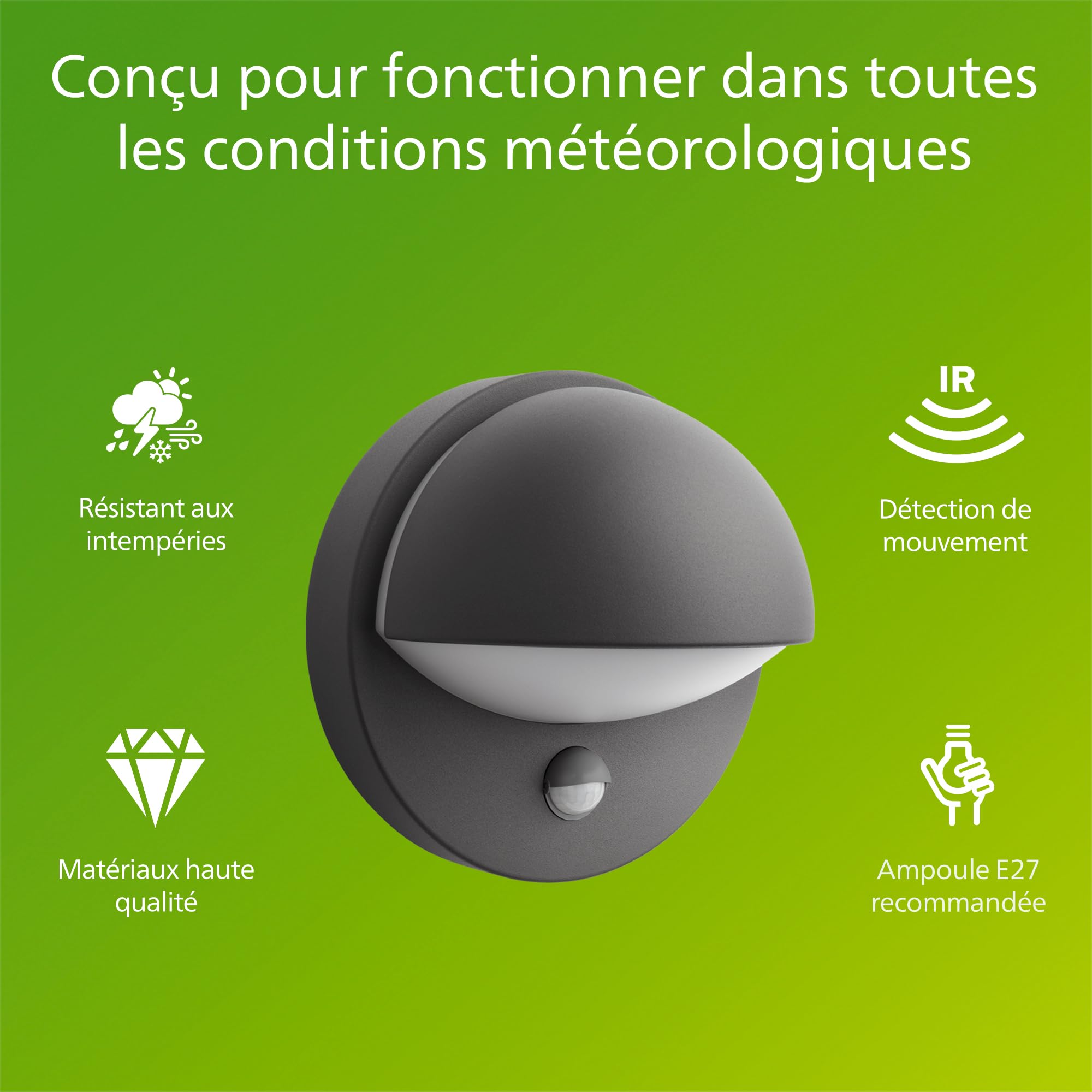 PHILIPS June Applique Murale Extérieure, IP44 Résiste aux Intempéries, Détecteur de Mouvement Infrarouge, Durable, Aluminium, Design Moderne, Gris Anthracite, Ampoule E27 Vendue Séparément