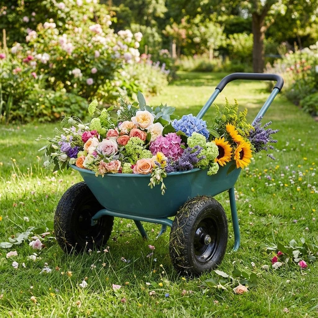 Takywep Wheelbarrow Garden Cart, Heavy Duty Home Utility, 2-Wheel Home Garden Yard Utility Wheelbarrow Cart with Built-in Stand, Green