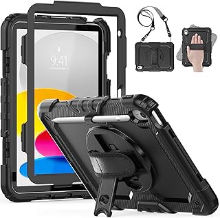 HXCASEAC Shockproof iPad 10th Generation Case10.9 inch 2022, iPad 10 Cover with 360° Rotating Hand Strap Stand/Screen Protector/Pencil Holder, Heavy Duty iPad 10th Gen Case A2696/A2757/A2777, Black