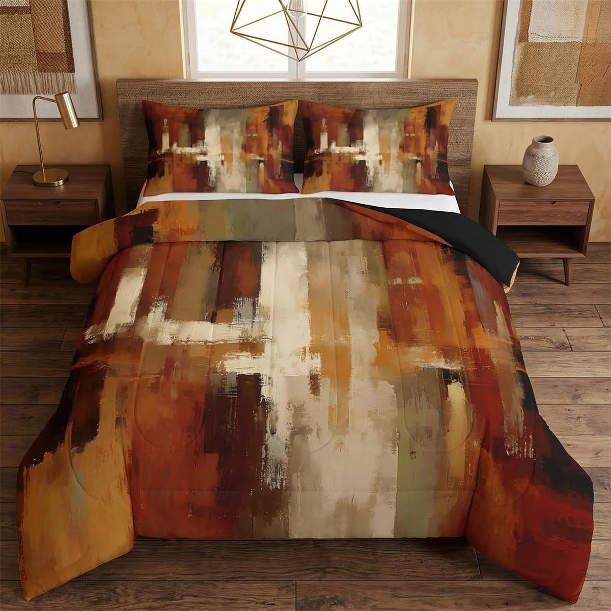 Feelyou Burnt Orange Comforter Set King Size Abstract Rust Art Bedding Set for Kids Boys Girls Geometric Modern Chic Duvet Quilt Farmhouse Bedroom Decor Microfiber 3 Pcs with 2 Pillow Cases