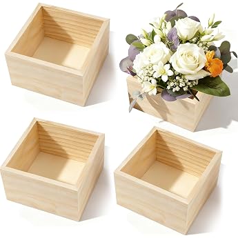 Pack of 4 Unfinished Wooden Boxes for Crafts 10 x 10 x 6 cm Small Wooden Box Rustic Small Square Wooden Box Wooden Storage Box for Home Decor Plants Table Decoration