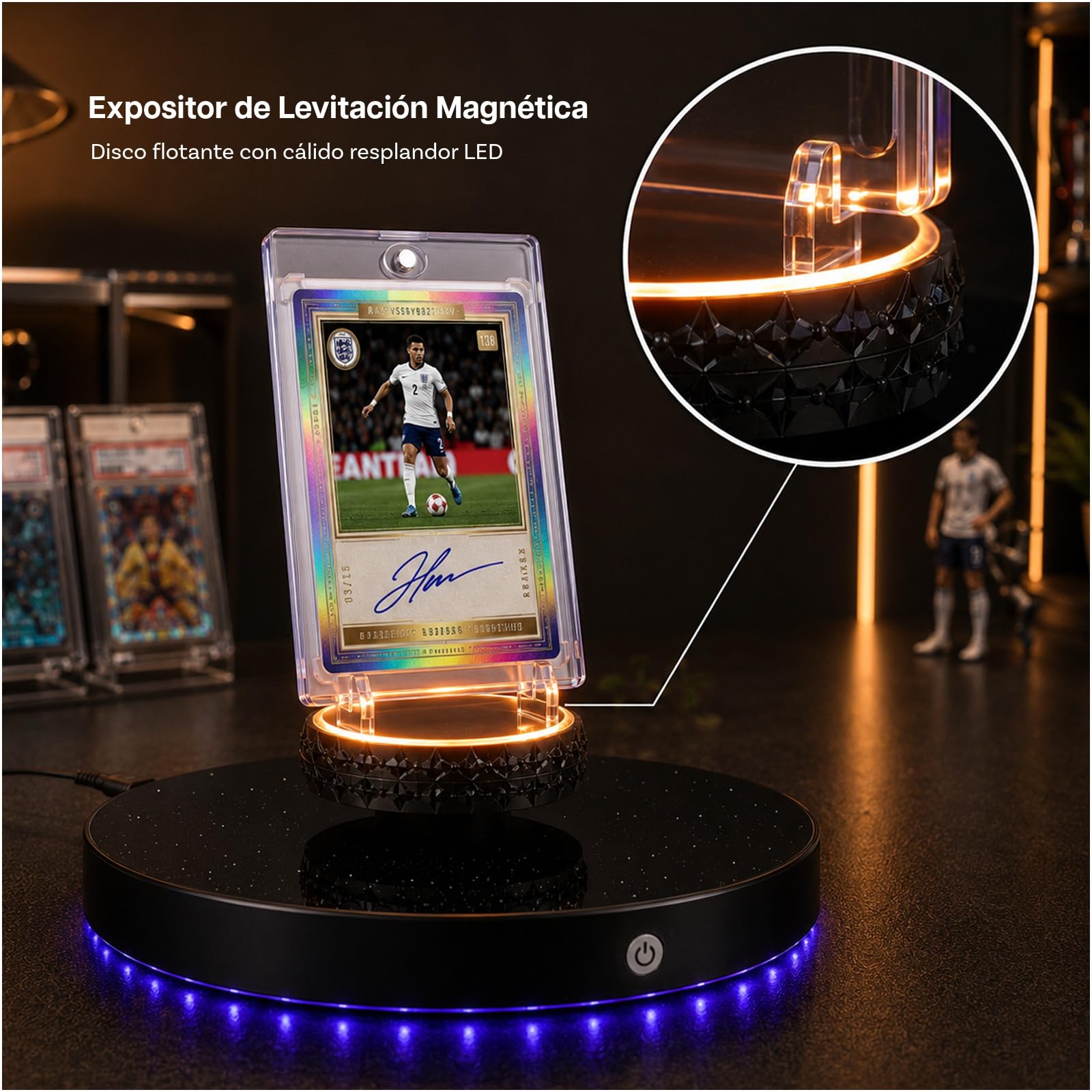 MMOBIEL Soporte de Exhibición con Levitación Magnética Flotante Giratoria 360° – Porta Tarjetas, Base LED y Adaptador – Tarjetas Coleccionables, Deportivas y Edición Limitada