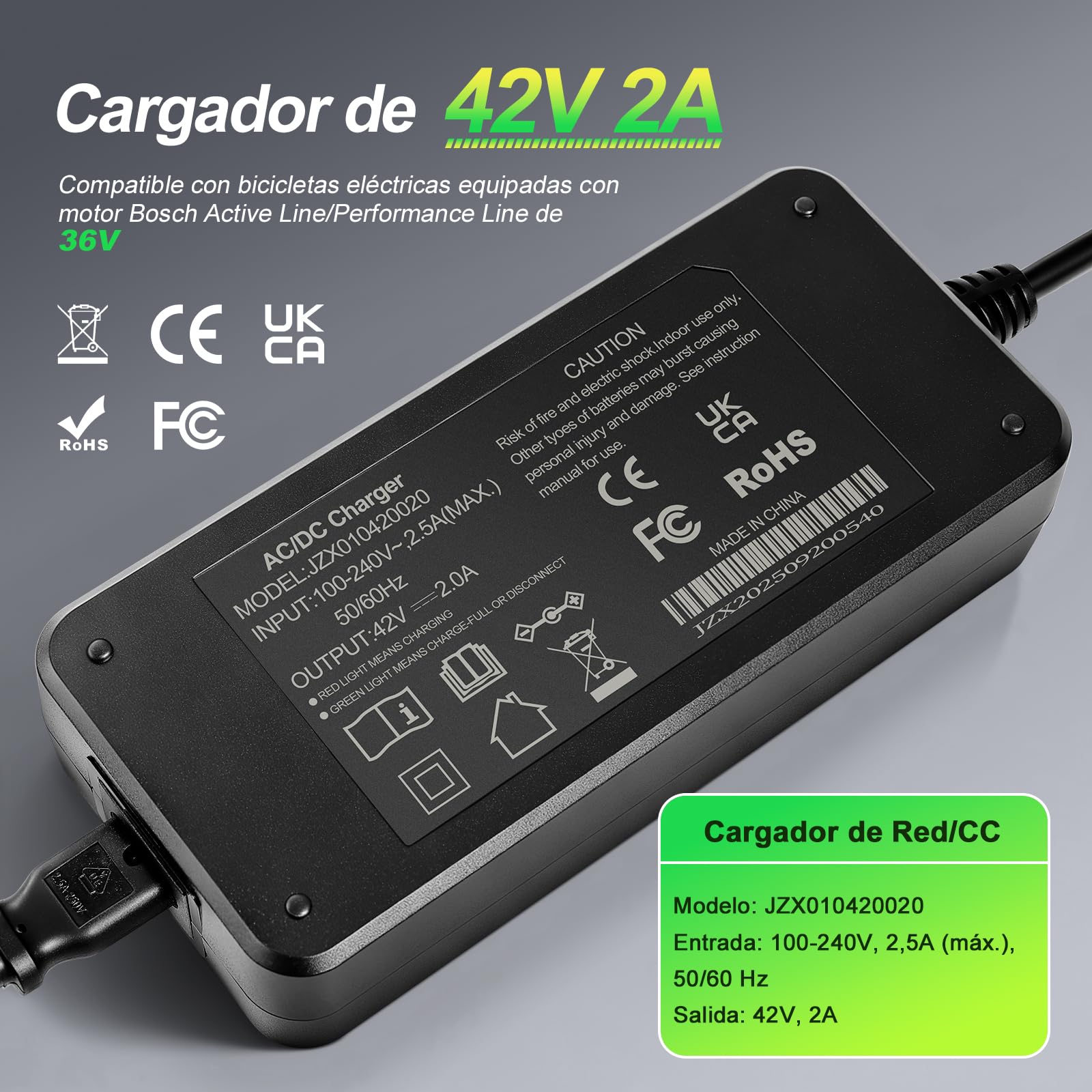 42V 2A Cargador para Bosch Performance Line/Active Line Bicicletas Eléctricas, para Baterías de 36V
