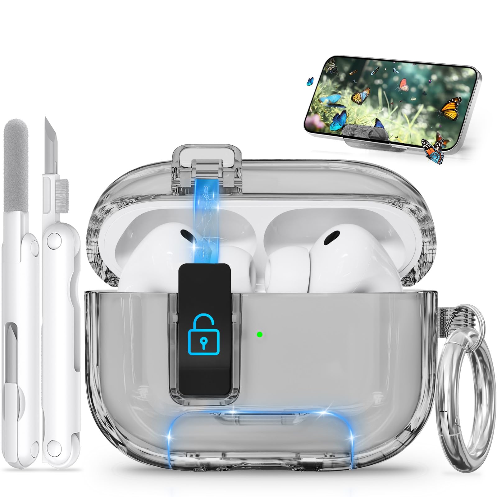 for AirPods Pro 3 Case 2025 with Phone Stand &amp; Secure Lock, Auto-Open Clear Case Cover Compatible with Apple AirPods Pro 3rd Generation with Cleaning Kit &amp; Keychain