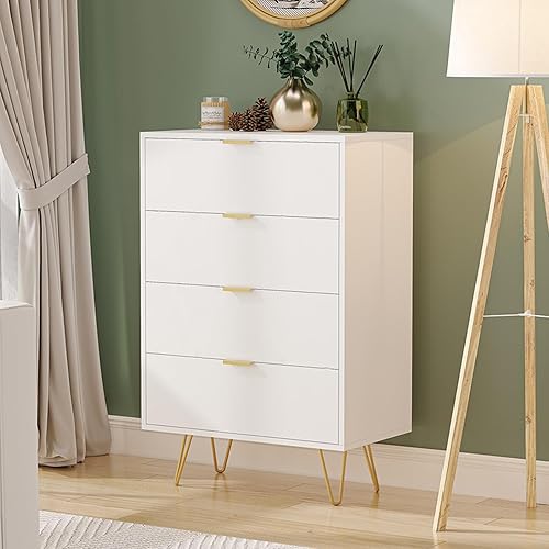 Knowfunn Cómoda de 4 cajones de madera blanca moderna con asas de metal dorado pequeño organizador de armario para dormitorio, sala de estar