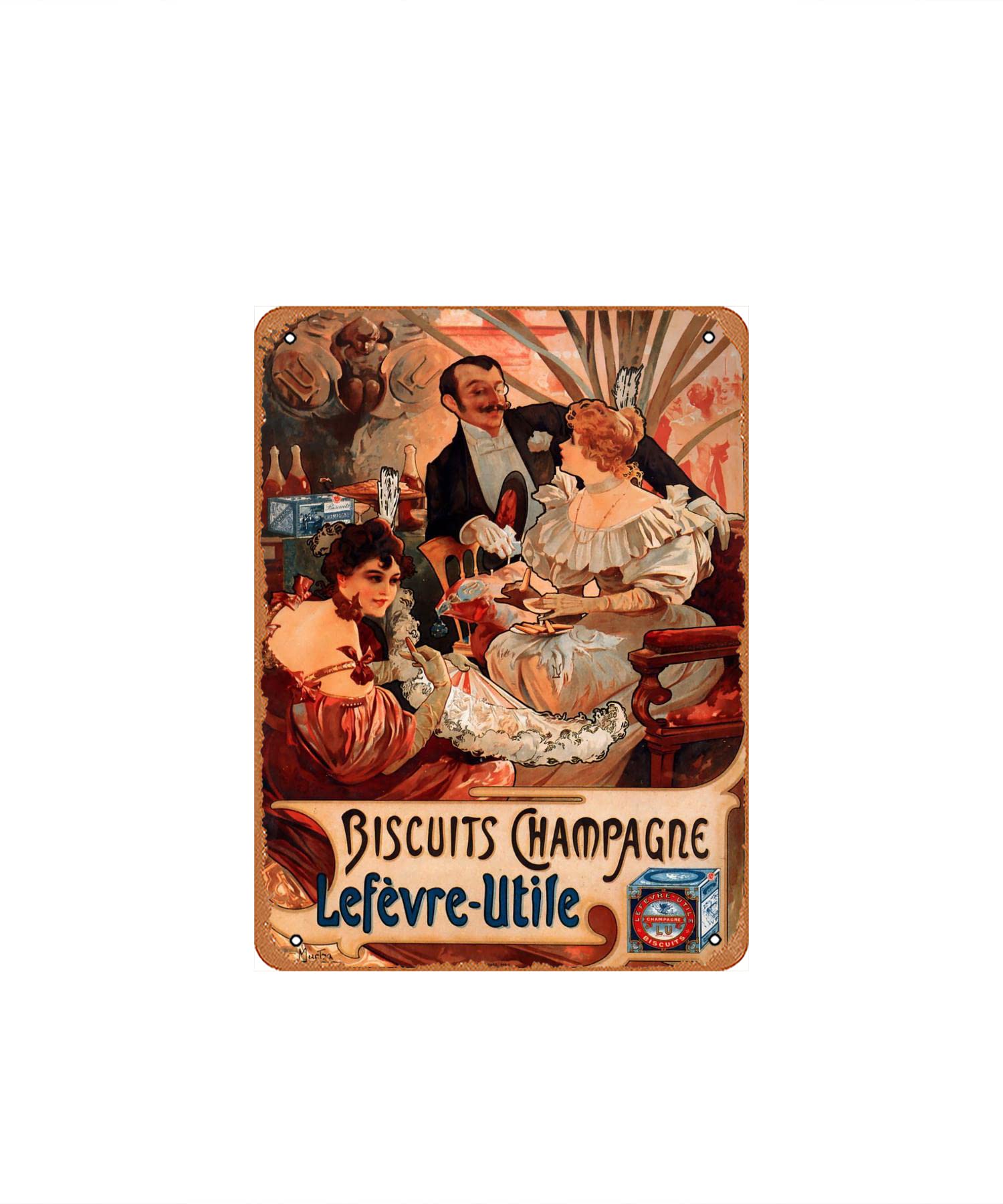 Alphonse Mucha Biscuits Champagne Lefevre Utile 1896 Fine Art Poster Print Vintage Advertising Poster Retro Wall Decor Art Nouveau Ads Retro Vintage Metal Plaque Sign Tin Sign for Home Bar Kitchen Pub