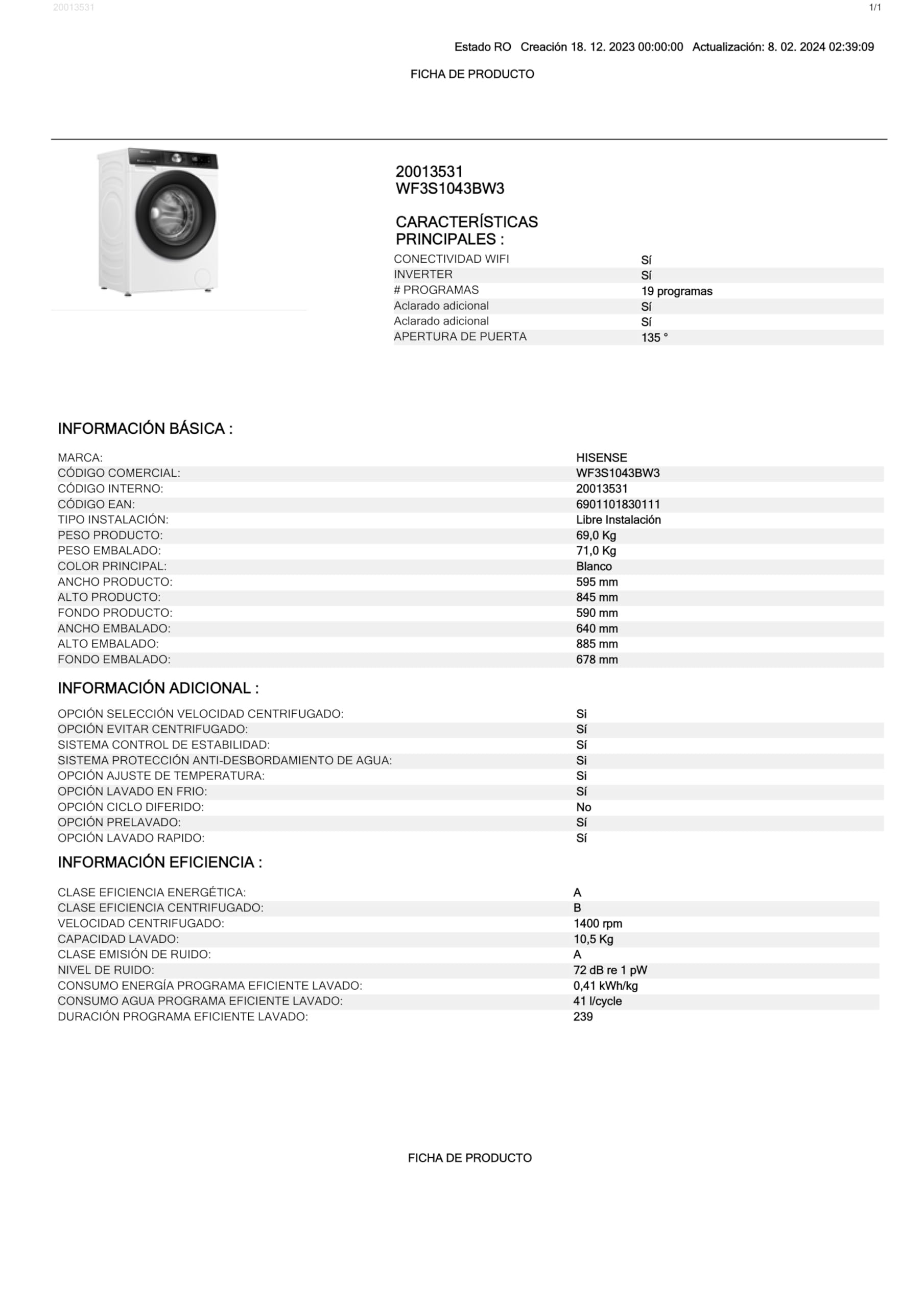 Hisense WF3S9045BW3 - Lavadora con Vapor, Clase A, 9kg, Auto Dosificación, Conectividad WiFi, Función Vapor 99,9%, Lavado Auto Wash, Lavado Rápido 15', PureJet, Blanco