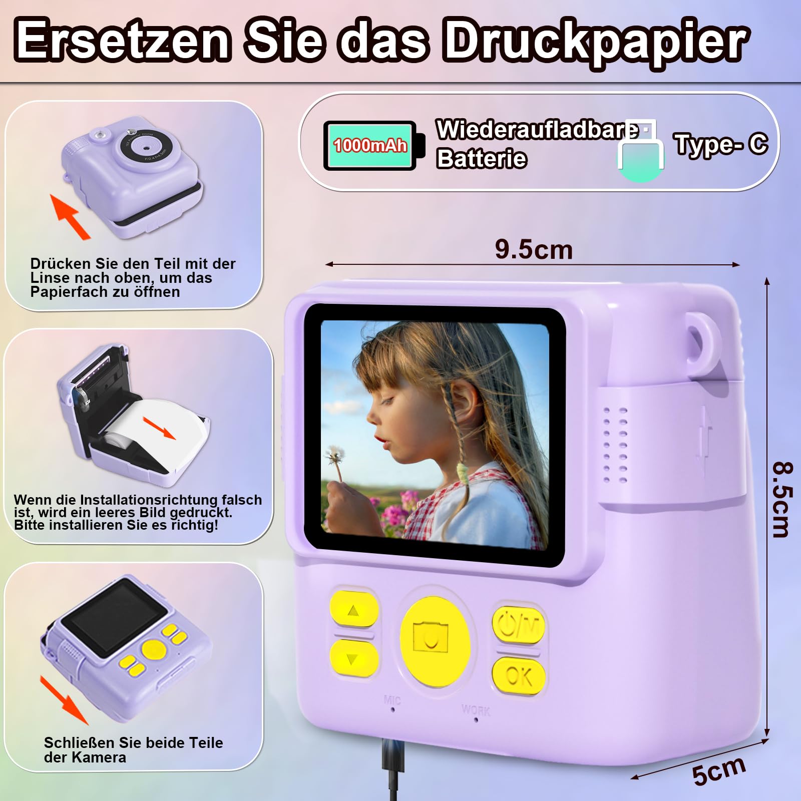 GKTZ Sofortbildkamera Kinder 1080P HD Sofortdruck Geschenk für Mädchen 5-10 Jahre (Lila)