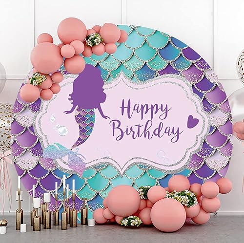 Miniatura 3 de Laeacco Telón de fondo redondo de cumpleaños de sirena, 7 x 7 pies, poliéster degradado de escamas verdes, fondo de fotografía de cumpleaños,