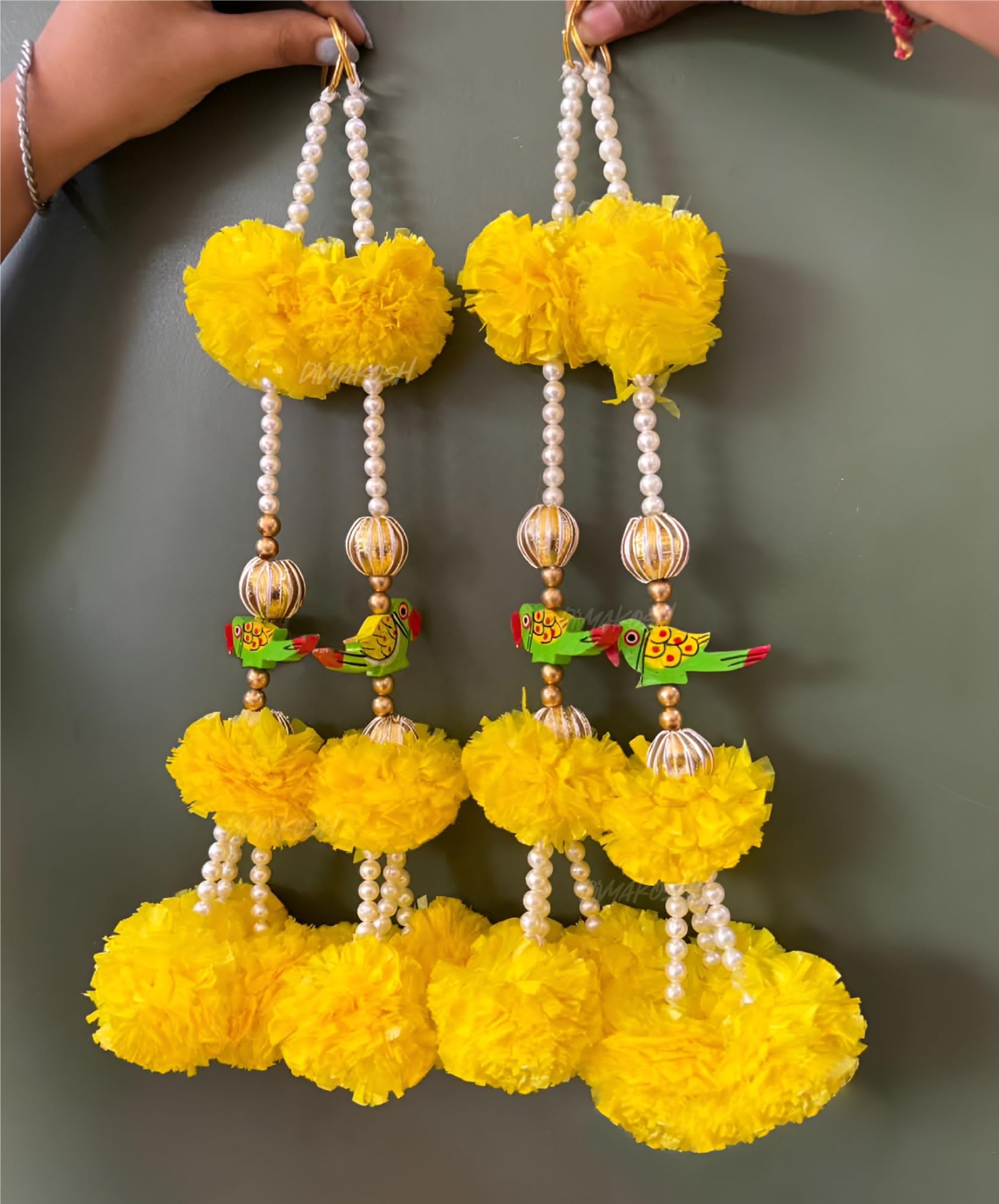 Divyakosh Garlands for Home Decoration - Pack of 4, Marigold with Parrot Hangings Latkan | Genda Flower Wall Hanging | Flower Garlands for Home Decoration | Size - 12 Inch