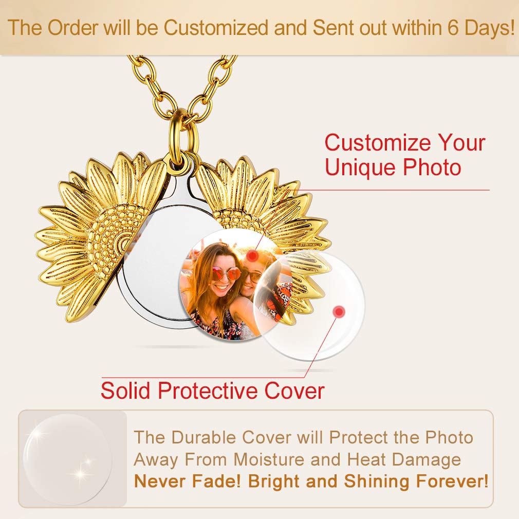Custom4U Médaillon Porte Photo Femme Plaqué Or Jaune Collier Tournesol Personnalisable Pendentif Prénom Personnalisé Bijoux Fantaisie Cadeau Gravure Maman Femmes Enfant Fille