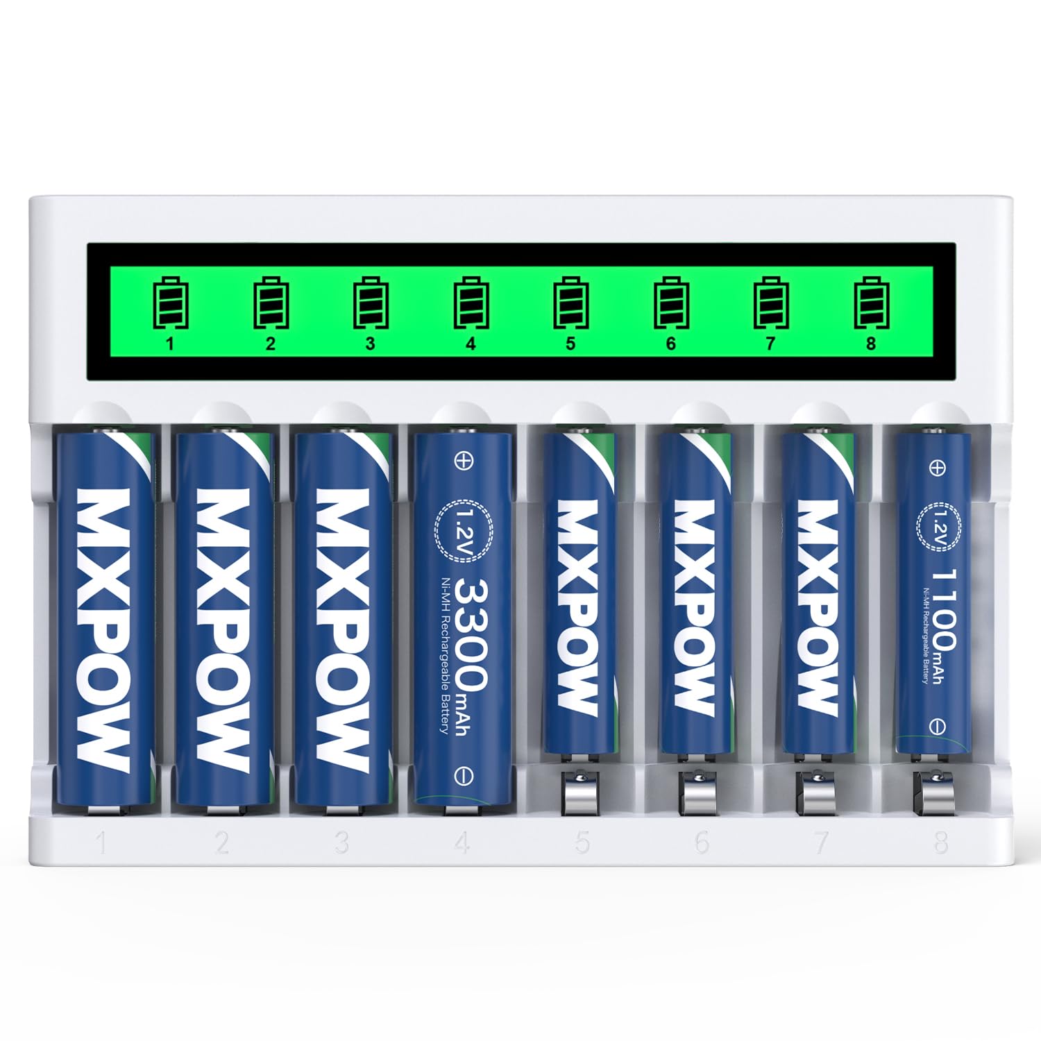 Cargador Pilas Recargables AA y AAA, 4 AA 3300mAh, 4 AAA 1100mAh | 1,2V, 8 bahías, Pantalla LCD, Para mandos a distancia, relojes, linternas, radios portátiles, juguetes